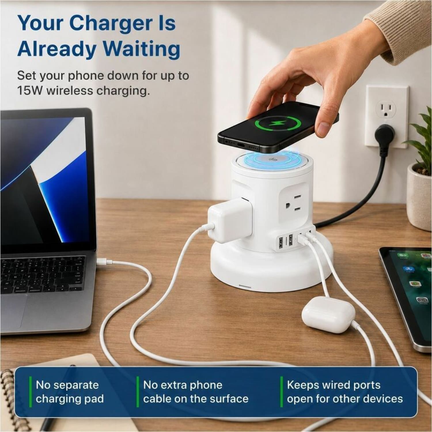 Uncaged Ergonomics Wireless Retractable Power Strip, WRPS2WHITE - Image 5