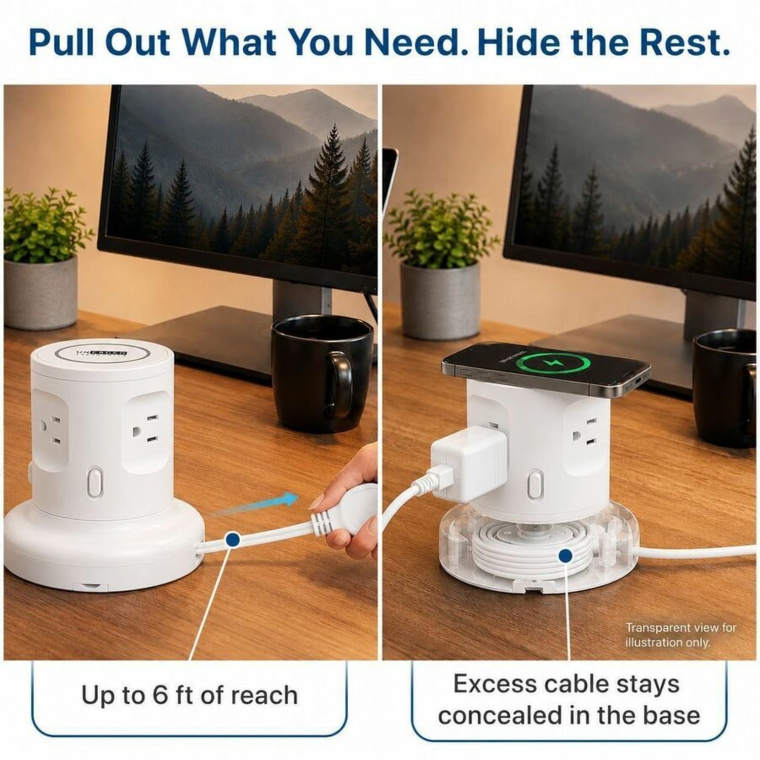 Uncaged Ergonomics Wireless Retractable Power Strip, WRPS2WHITE - Image 6