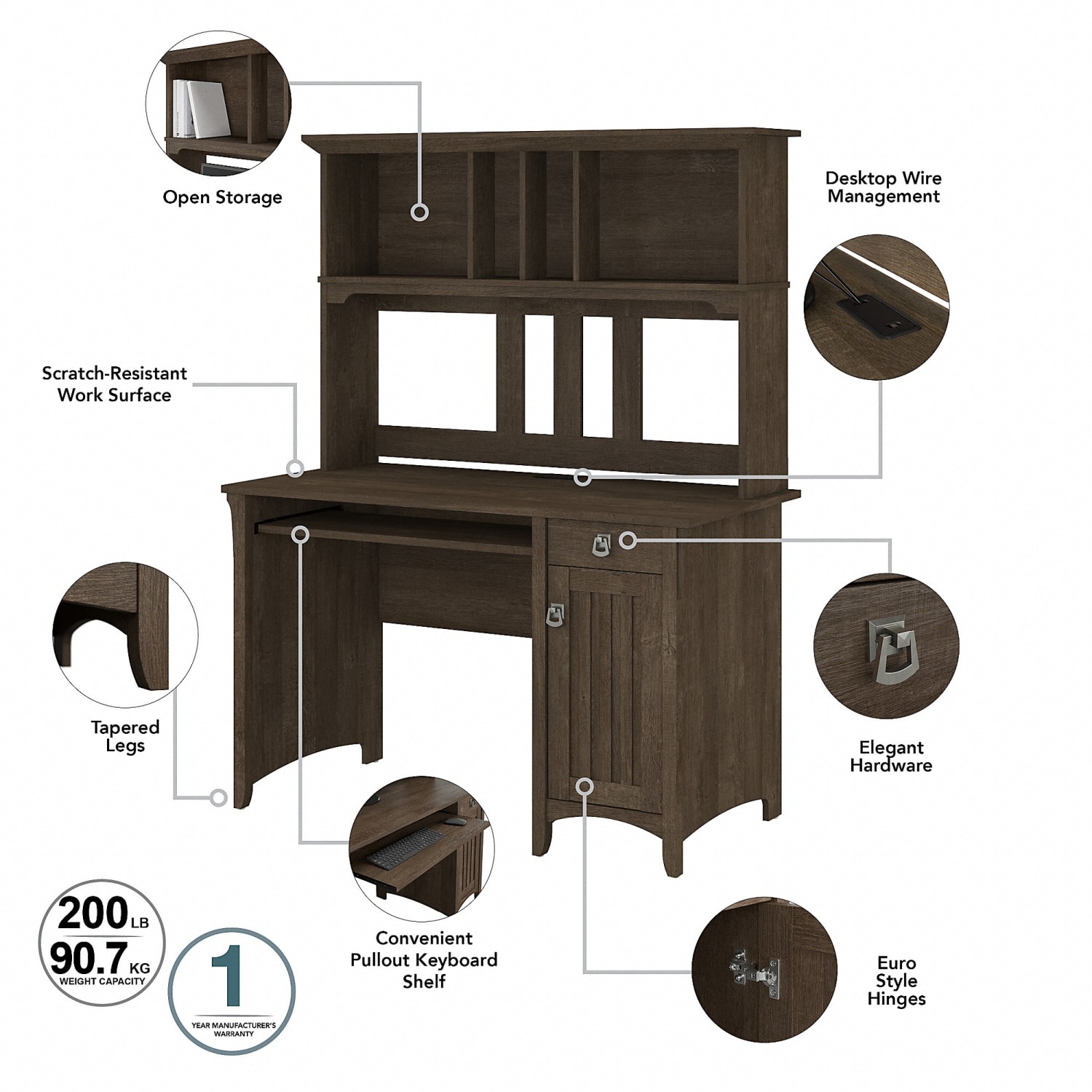 Bush Furniture Salina 48inWs Computer Desk With Hutch, Ash Brown, Standard Delivery - Image 4