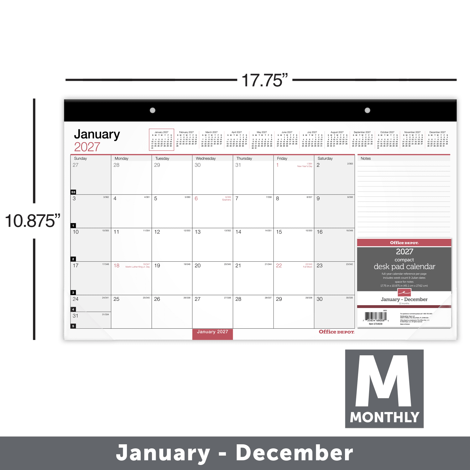 Office Depot Brand Monthly Desk Pad Calendar, 17 3/4in x 11in, White, January 2027 to December 2027, OD20100027 - Image 3