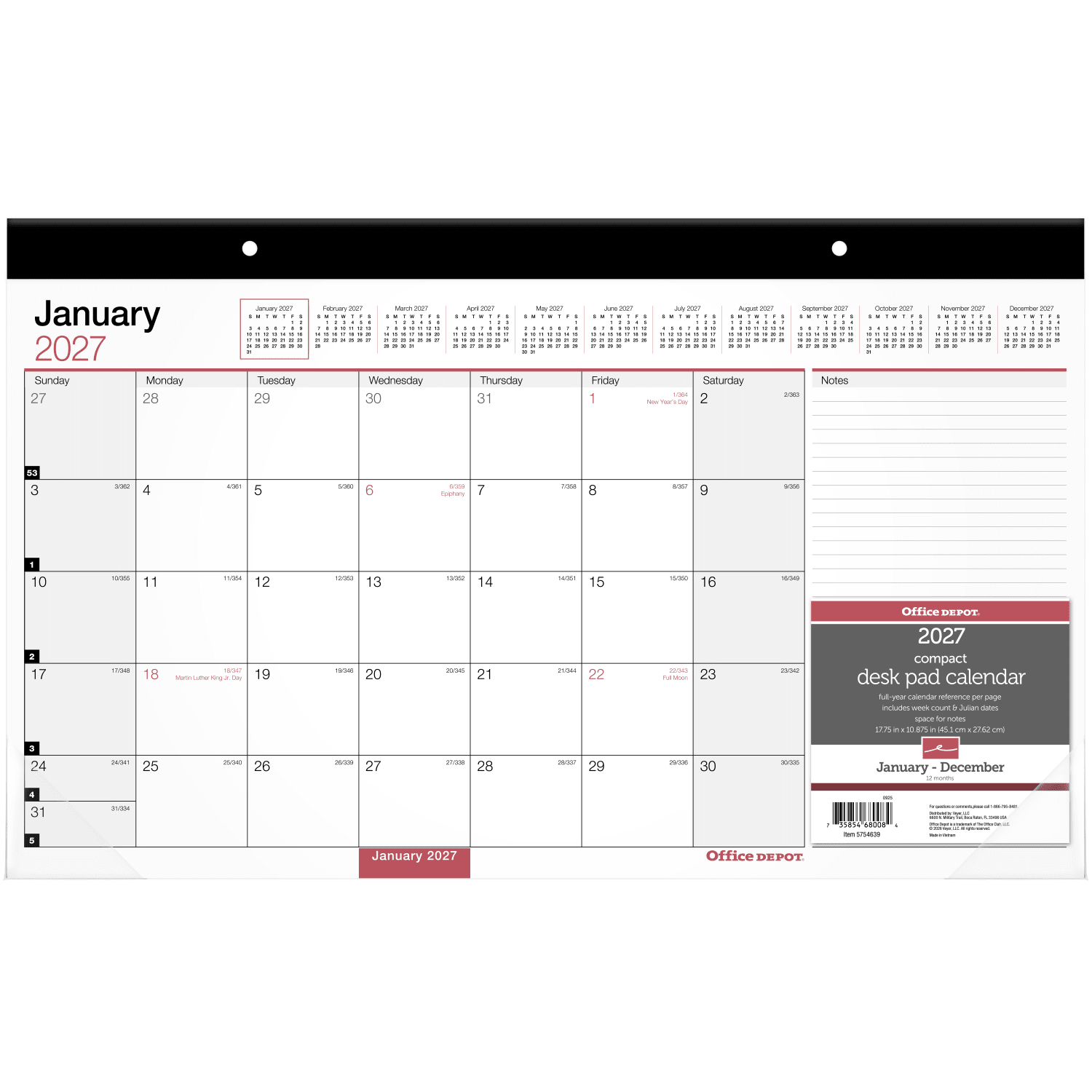 Office Depot Brand Monthly Desk Pad Calendar, 17 3/4in x 11in, White, January 2027 to December 2027, OD20100027 - Image 4