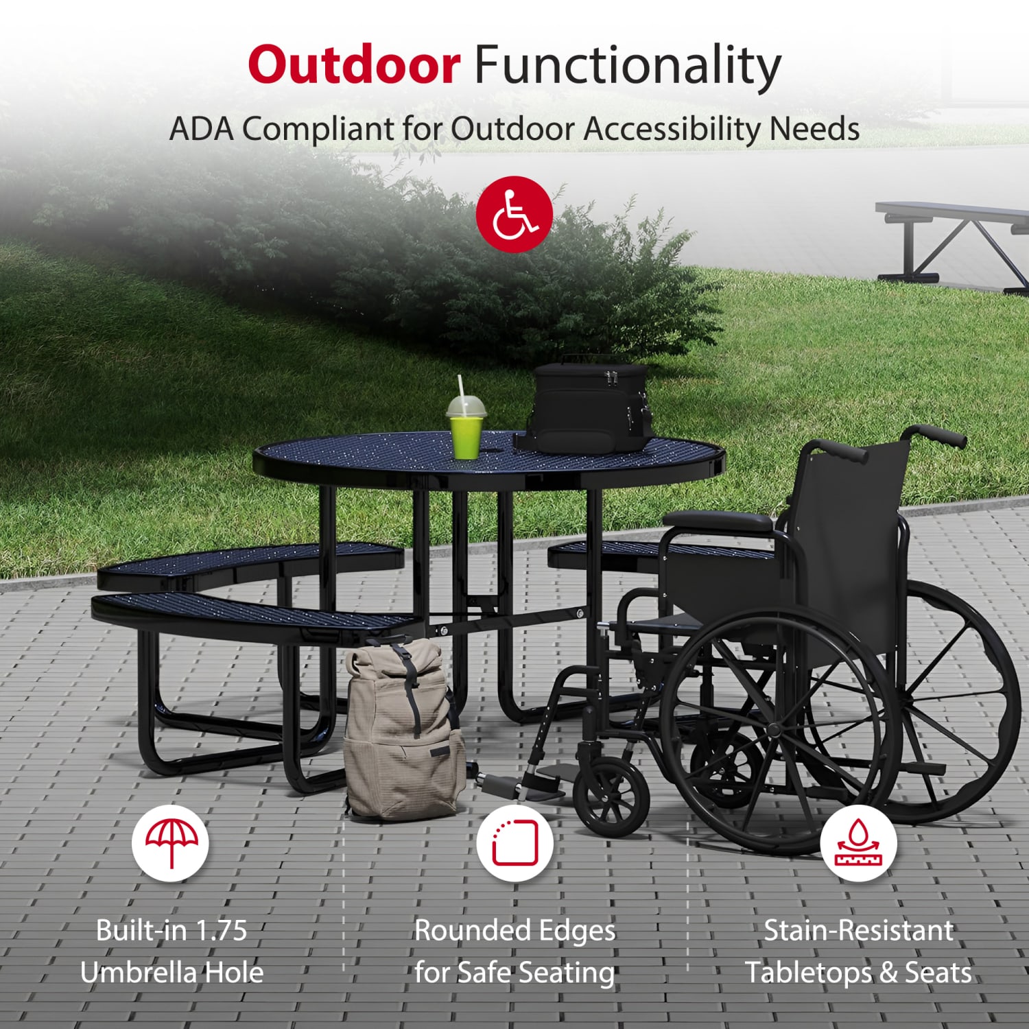 Leisure Craft Round ADA Outdoor Picnic Table, 29-1/4inH x 63-1/2inW x 81inD, Black - Image 4