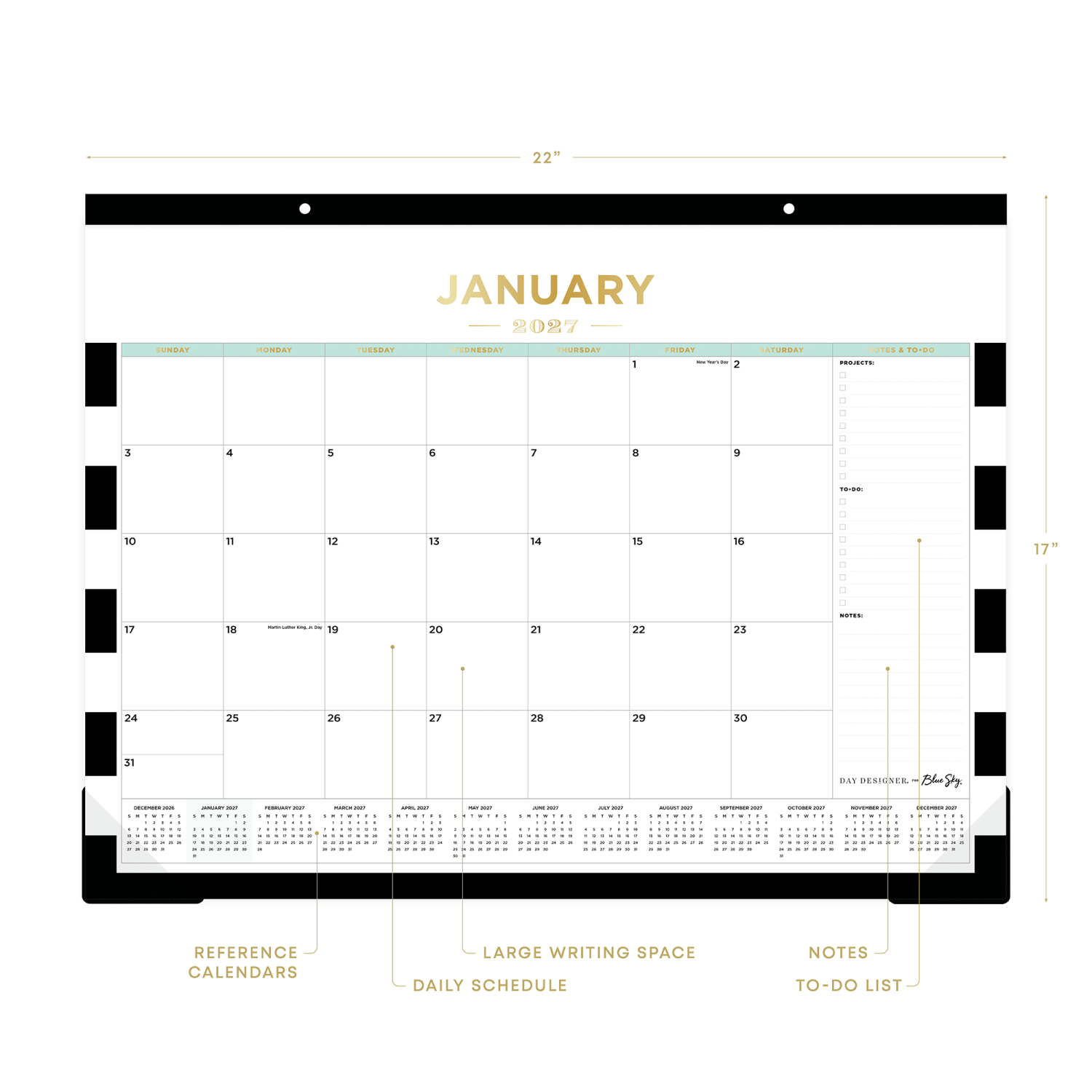 2027 Blue Sky Rugby Stripe Black Monthly Desk Pad Planning Calendar, 22x17, 0%, Rugby Stripe Black, Jan-Dec, RY27 - Image 3
