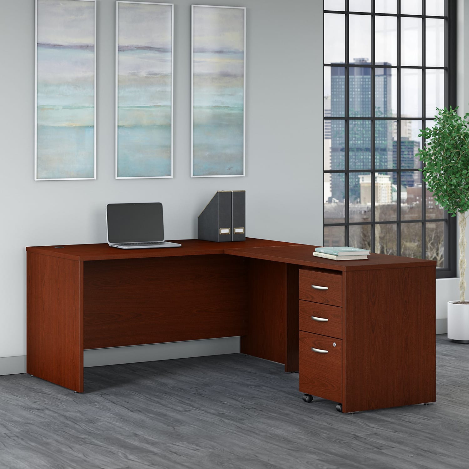 Bush Business Furniture 60inW L-Shaped Corner Desk With 3-Drawer Mobile File Cabinet, Mahogany, Standard Delivery - Image 3