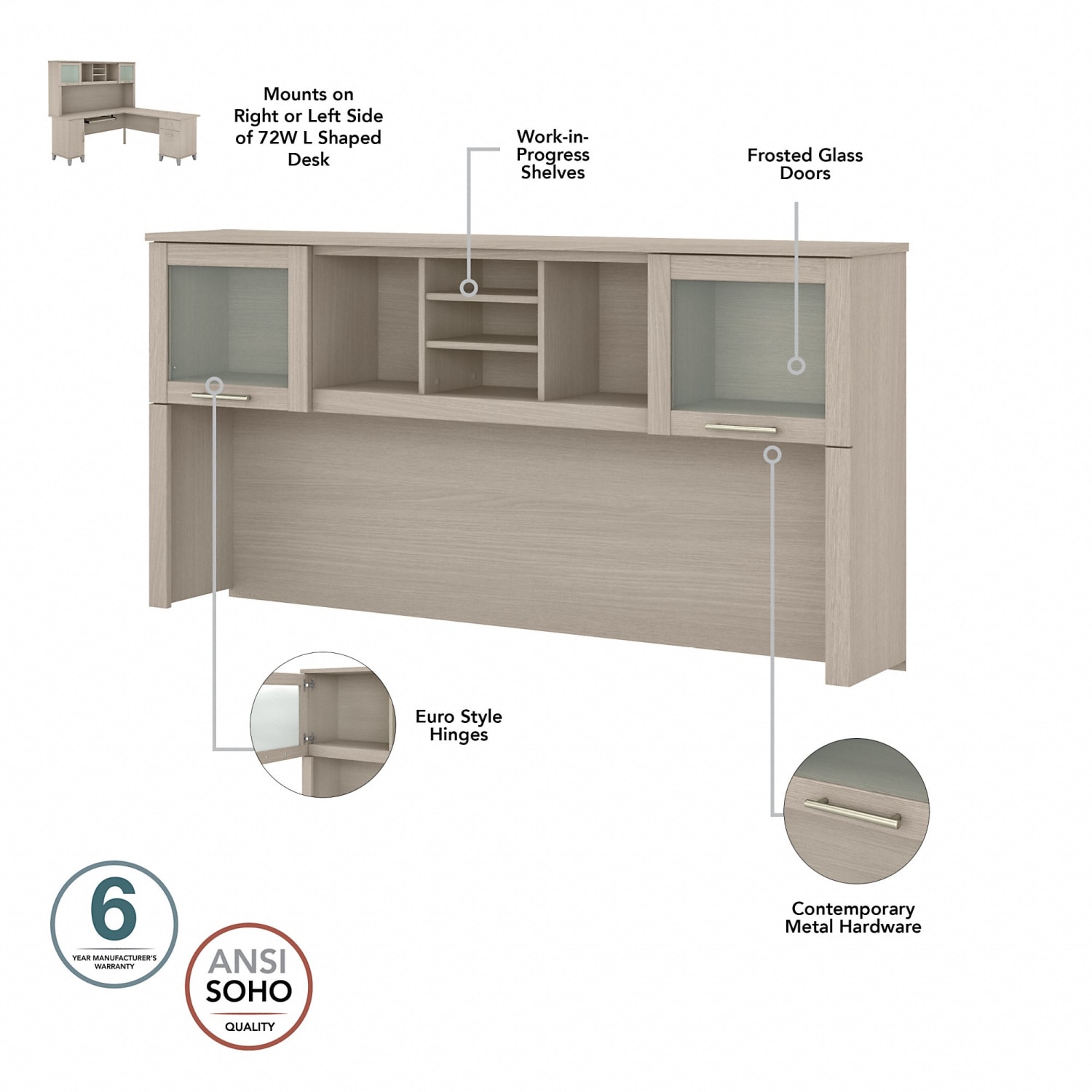 Bush Furniture Somerset 72inW L-Shaped Desk With Hutch, Lateral File Cabinet And Bookcase, Sand Oak, Standard Delivery - Image 5