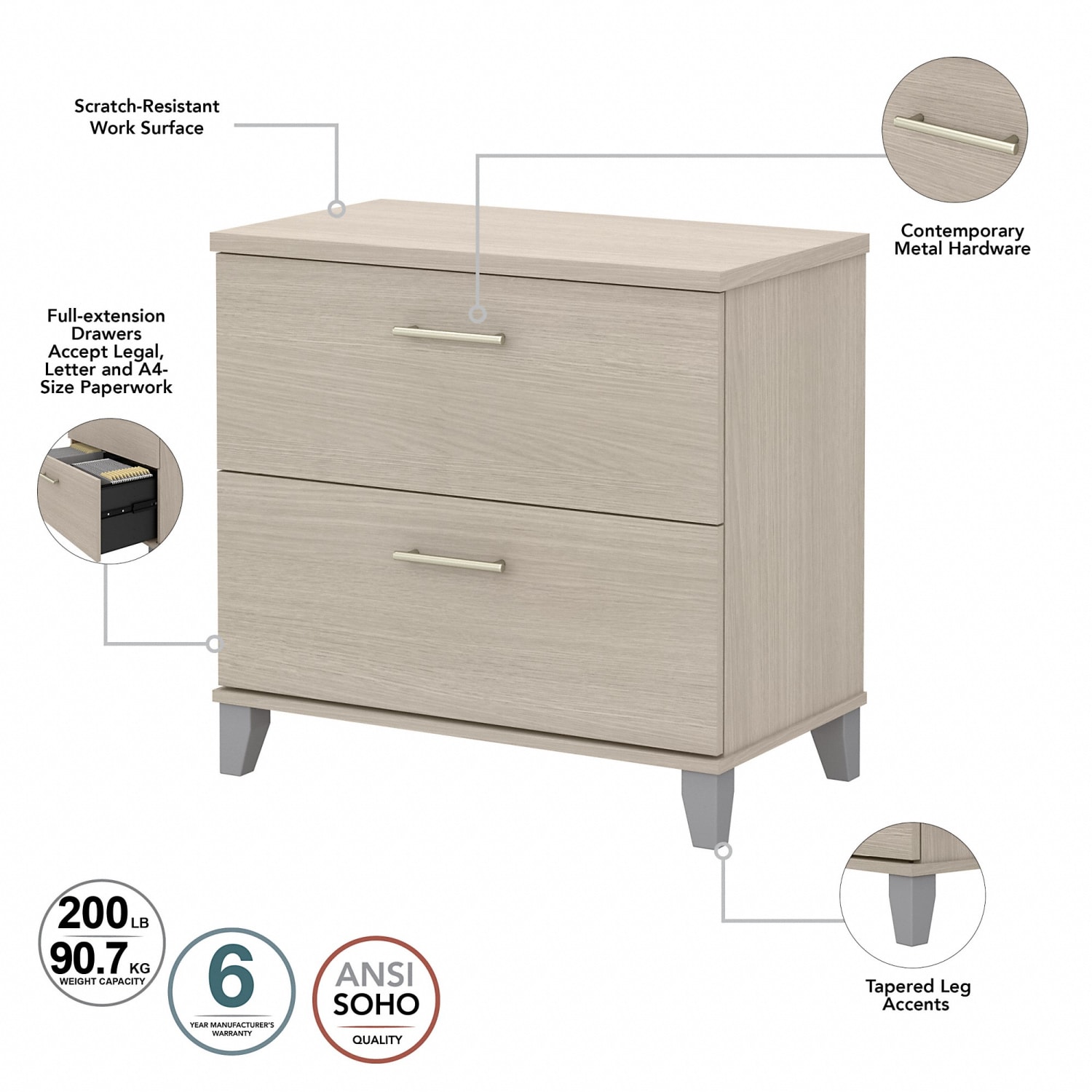 Bush Furniture Somerset 72inW L-Shaped Desk With Hutch, Lateral File Cabinet And Bookcase, Sand Oak, Standard Delivery - Image 6
