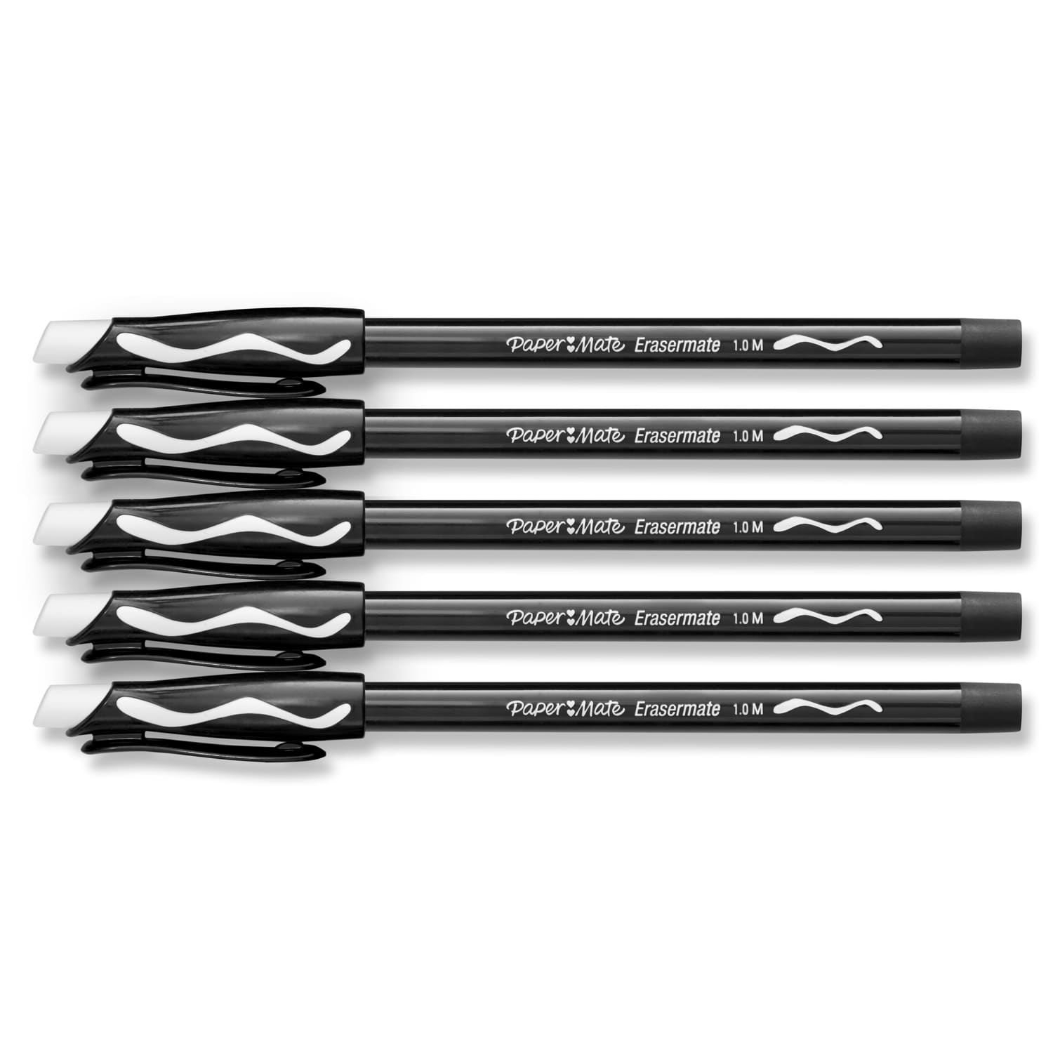 Paper Mate EraserMate Ballpoint Pens, Pack of 5, Medium Point, 1.0 mm, Black Barrel, Black Ink - Image 3