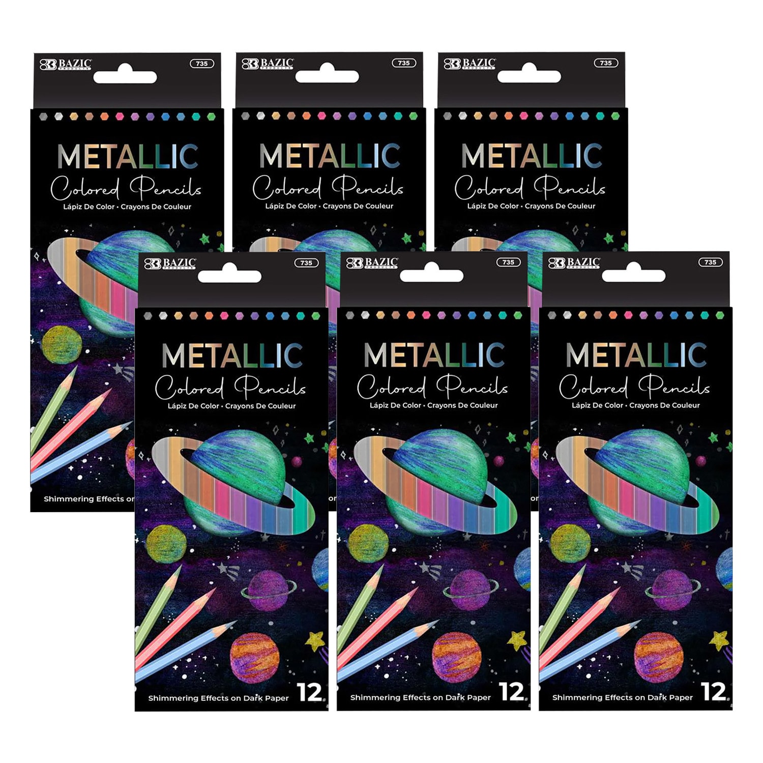 BAZIC Products Metallic Colored Pencils, Assorted Colors, 12 Pencils Per Pack, Bundle Of 6 Packs
