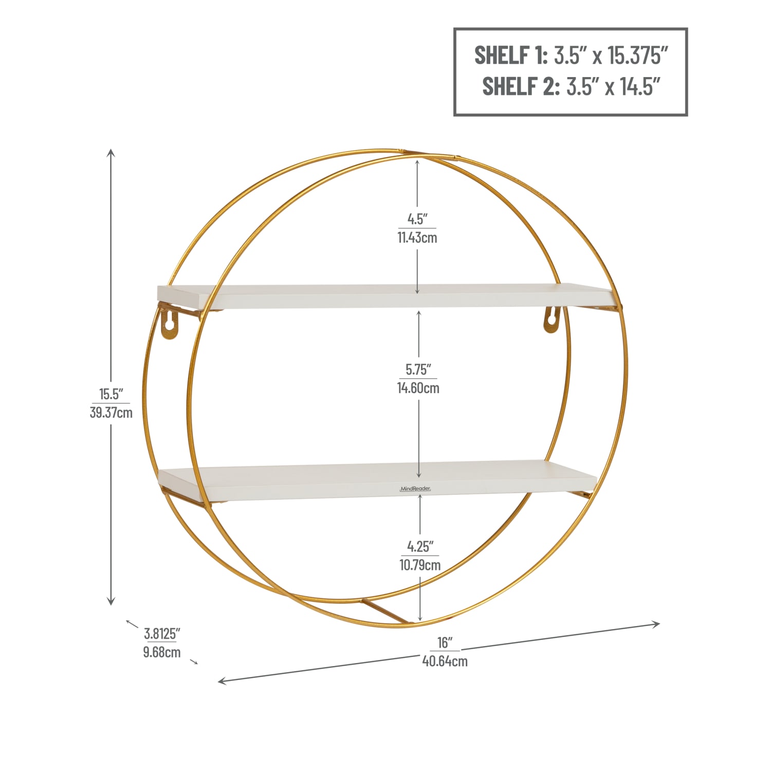 Mind Reader Floating Round Wall Shelves, 15-1/2inH x 16inW x 3-13/16inD, Gold/White - Image 4
