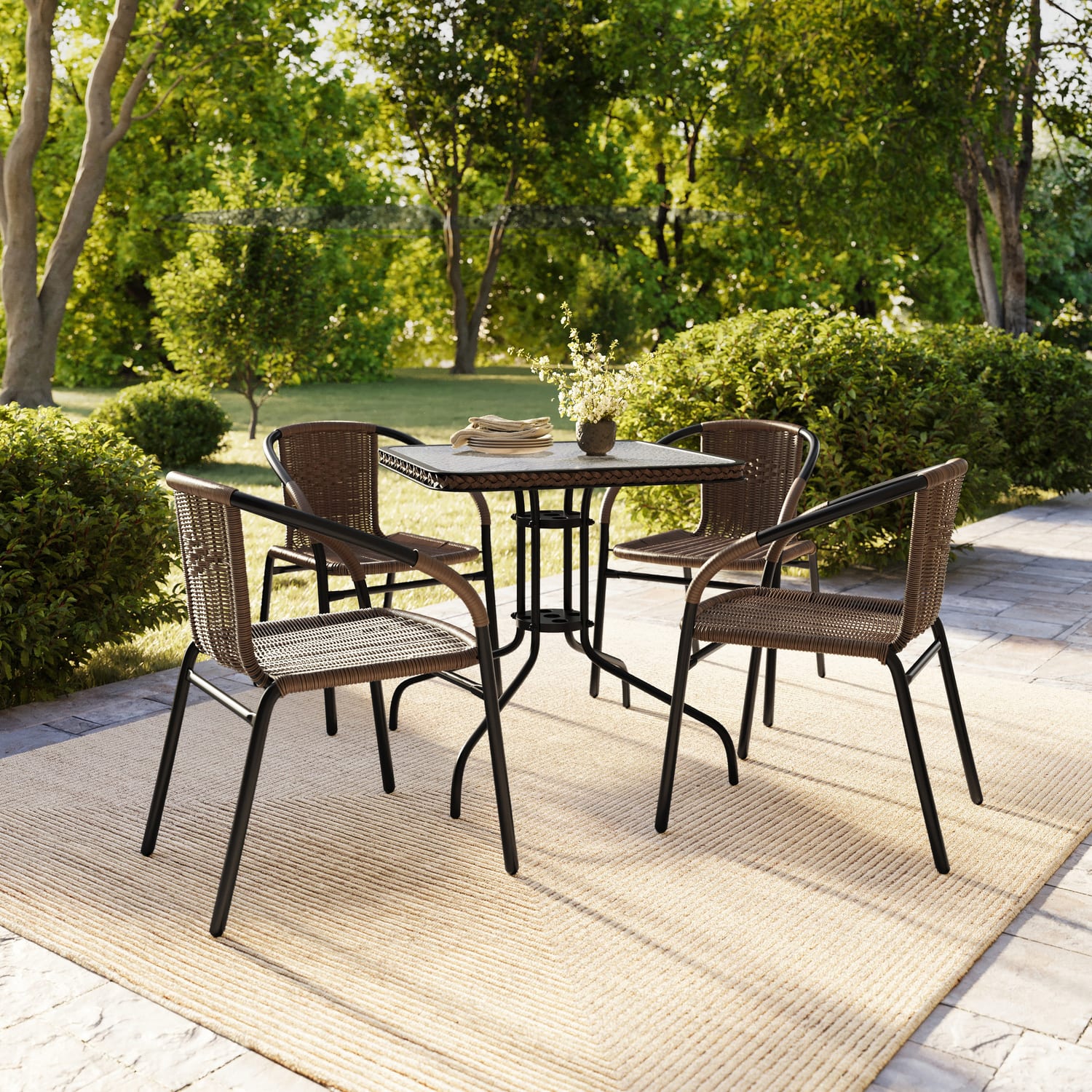 Flash Furniture Rattan IndoorOutdoor Restaurant Stack Chairs Brown Pack Of 4 Chairs PopularChairscom