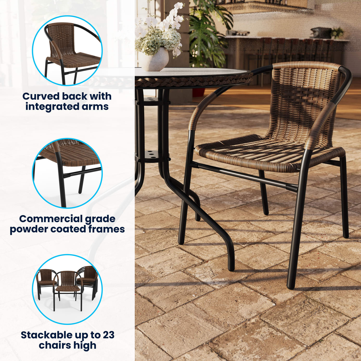Flash Furniture Rattan IndoorOutdoor Restaurant Stack Chairs Brown Pack Of 4 Chairs PopularChairscom