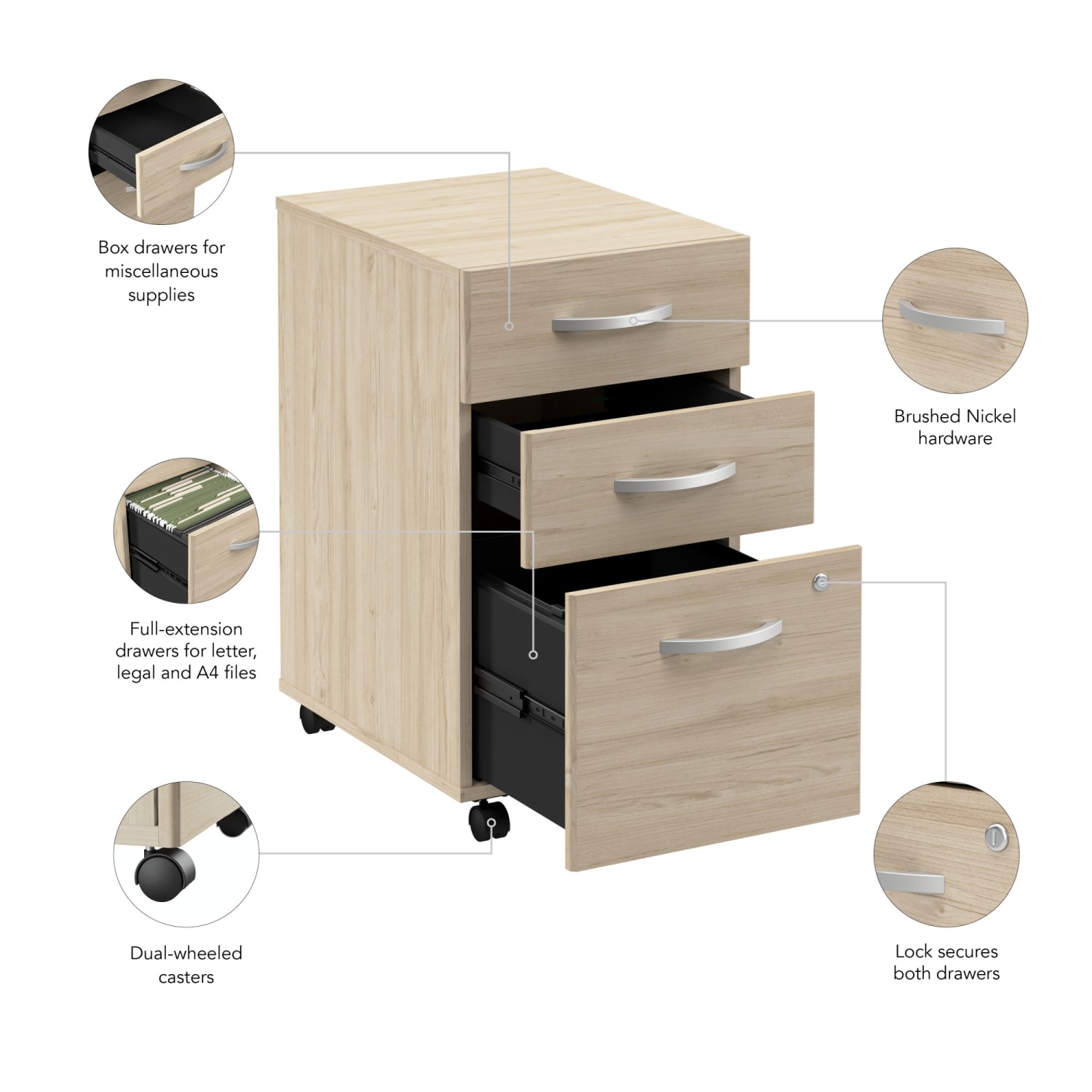 Bush Business Furniture Arrive 16inW 3 Drawer Mobile File Cabinet - Assembled, Natural Elm, Standard Delivery - Image 5