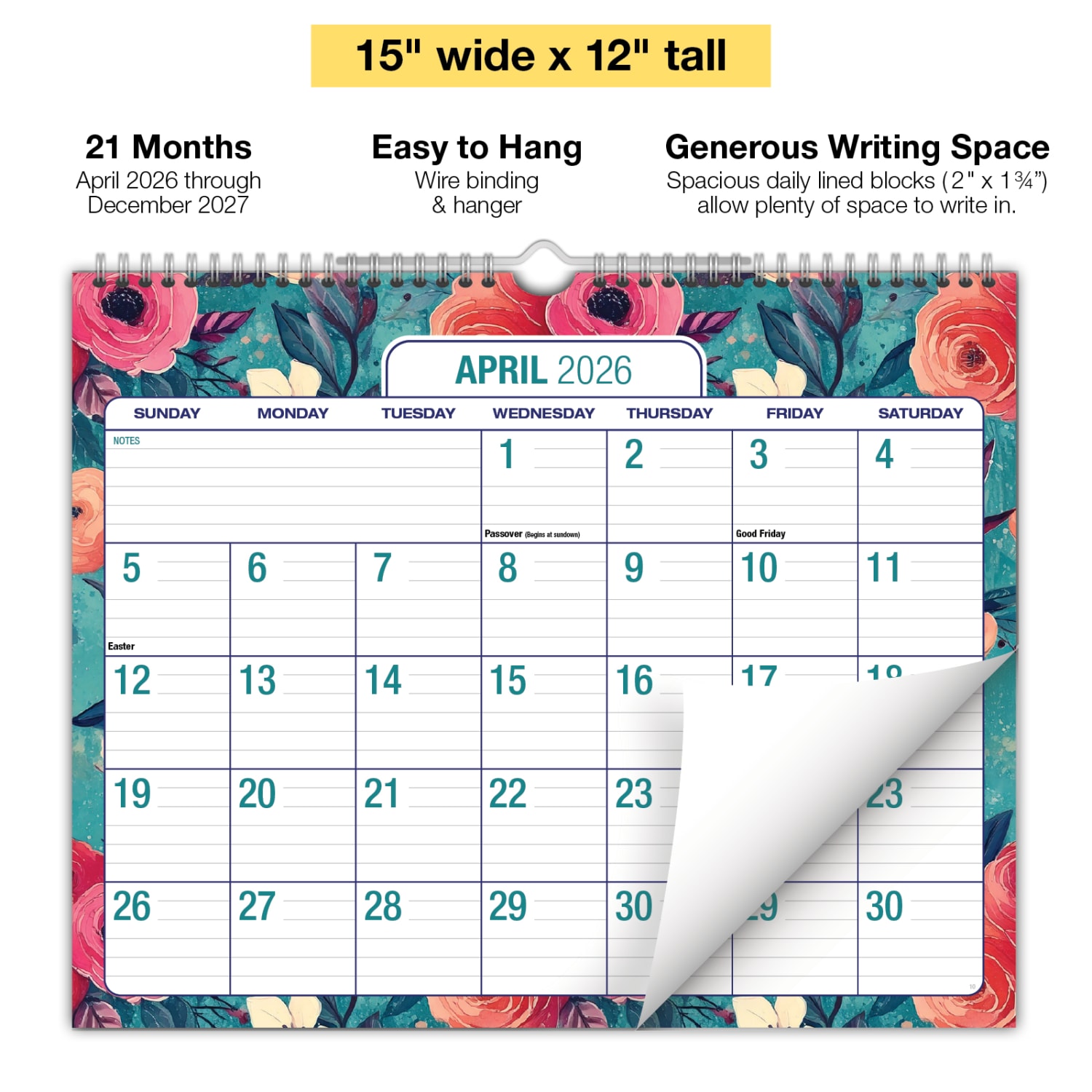 2026-2027 Excello Brands Academic Year Large Print Wall Calendar, 15in x 12in, Teal Floral, April To December, Total Qty 1 - Image 4