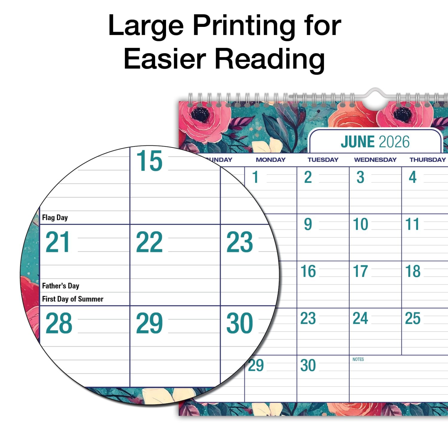2026-2027 Excello Brands Academic Year Large Print Wall Calendar, 15in x 12in, Teal Floral, April To December, Total Qty 1 - Image 5