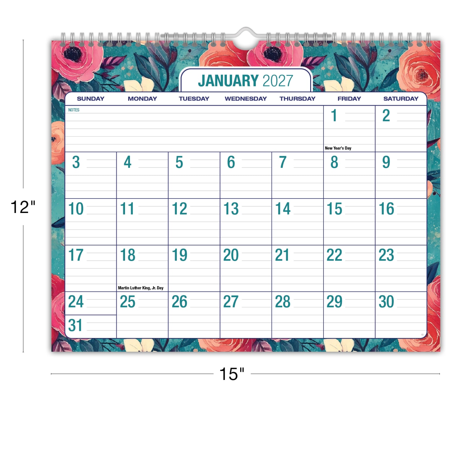 2026-2027 Excello Brands Academic Year Large Print Wall Calendar, 15in x 12in, Teal Floral, April To December, Total Qty 1 - Image 6