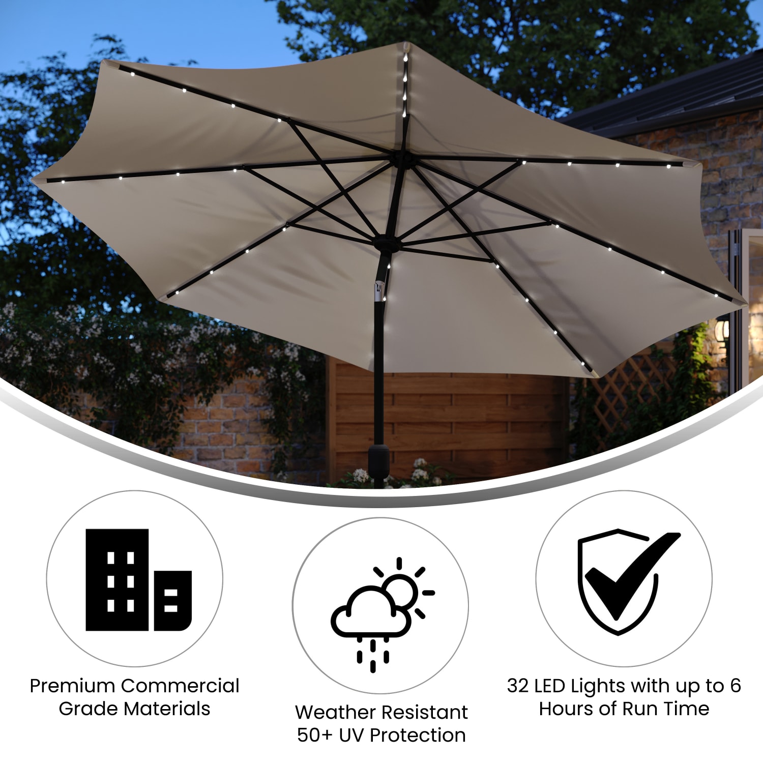 Flash Furniture Montego Commercial Grade 9ft Round Solar LED Umbrella with Crank Lift and Tilt Function, Tan - Image 4