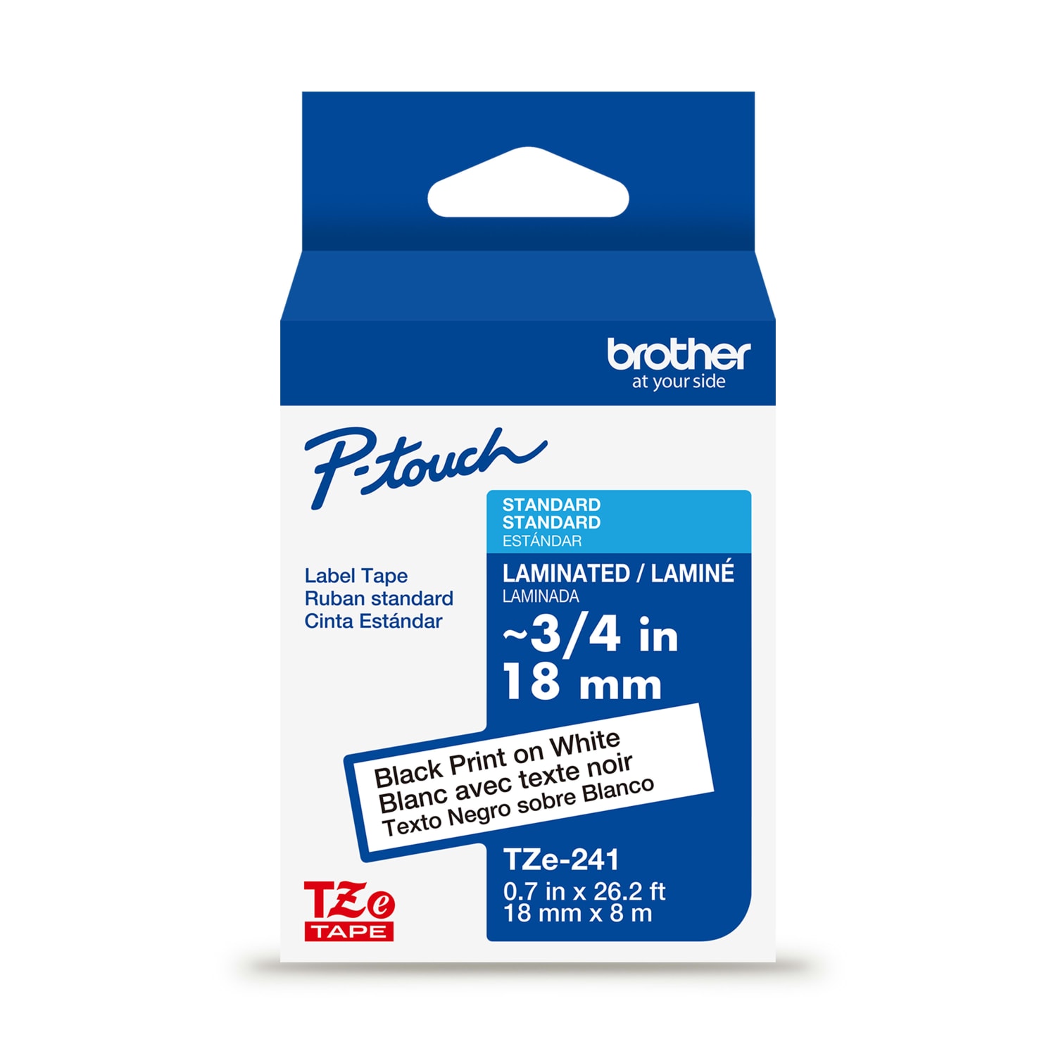 Brother P-touch TZe241, Laminated, 3/4in x 26.2 ft (18mm x 8m), Black on White Label Tape