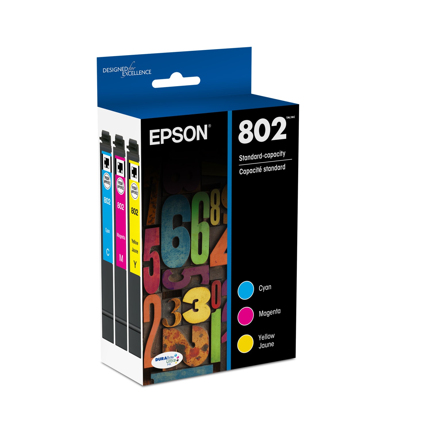Epson 802 DuraBrite Cyan, Magenta, Yellow Ink Cartridges, Pack Of 3, T802520-S