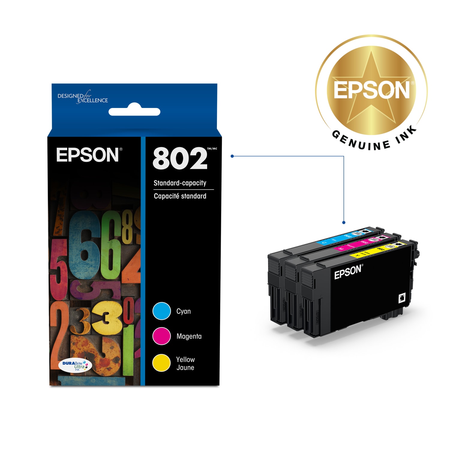 Epson 802 DuraBrite Cyan, Magenta, Yellow Ink Cartridges, Pack Of 3, T802520-S - Image 3