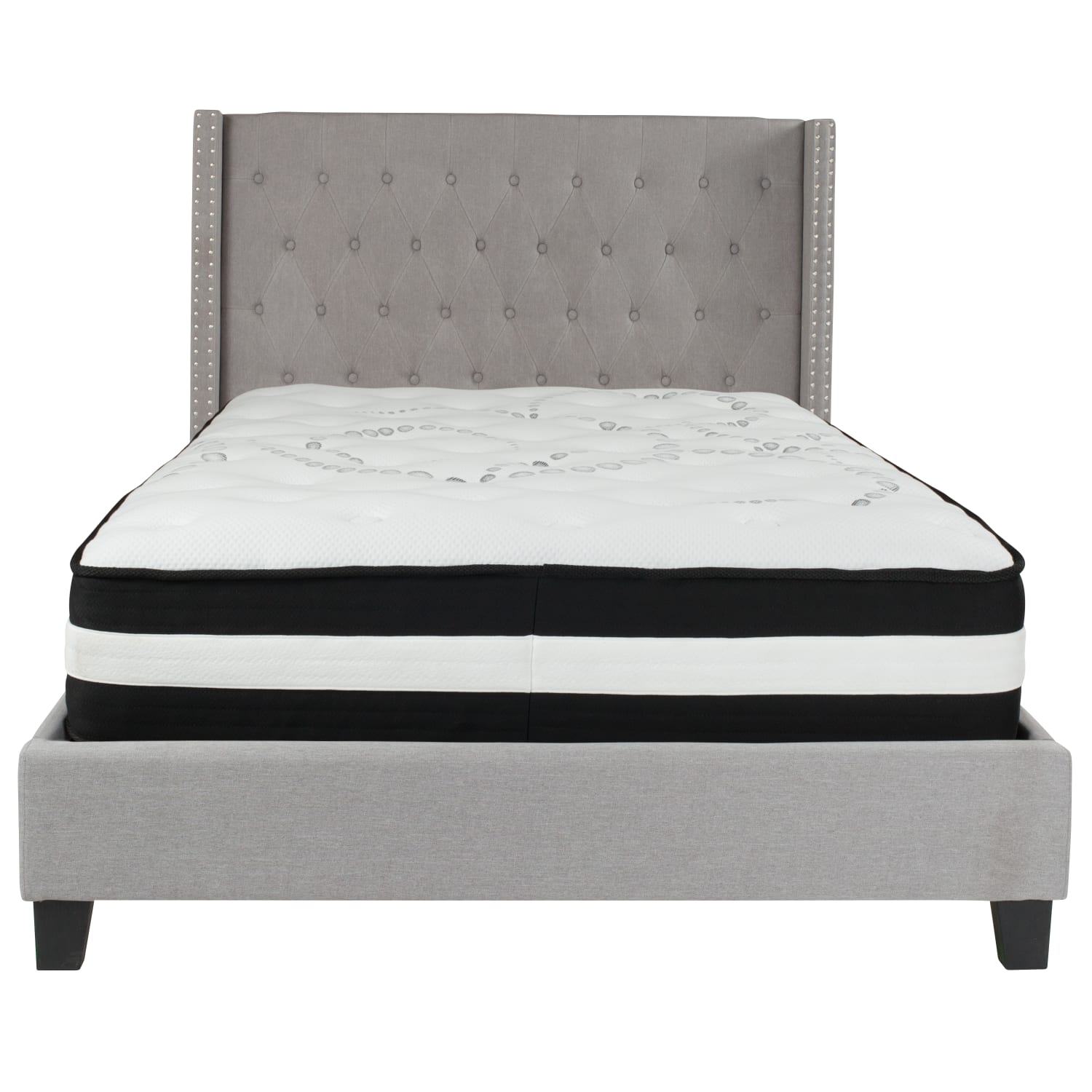 Flash Furniture Riverdale Tufted Upholstered Platform Bed With Accent Nail Trimmed Extended Sides And Pocket Spring Mattress, Full, Light Gray - Image 6