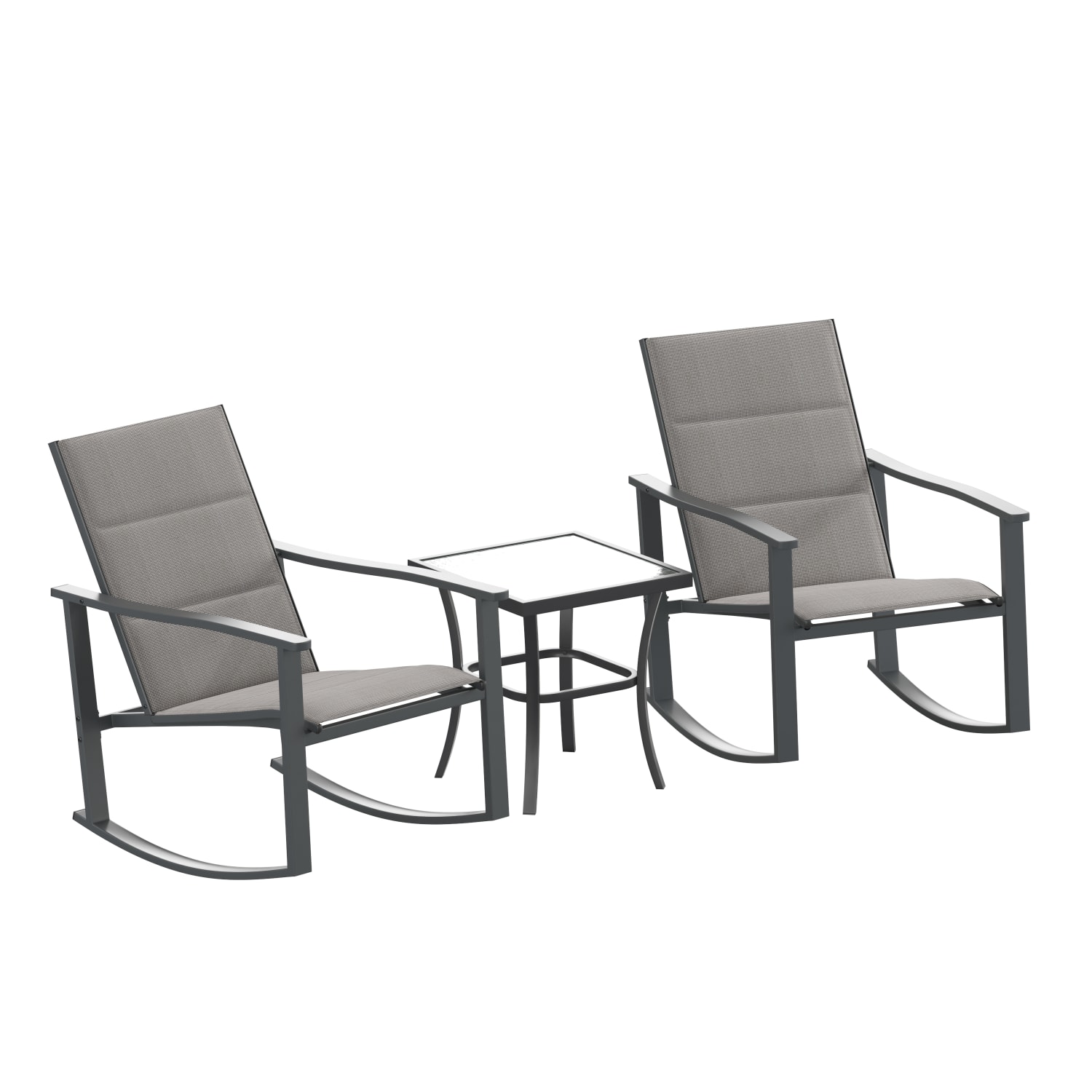 Flash Furniture Brazos 3-Piece Outdoor Rocking Chair Bistro Set With Flex Comfort Material And Metal-Framed Glass-Top Table, Gray - Image 3