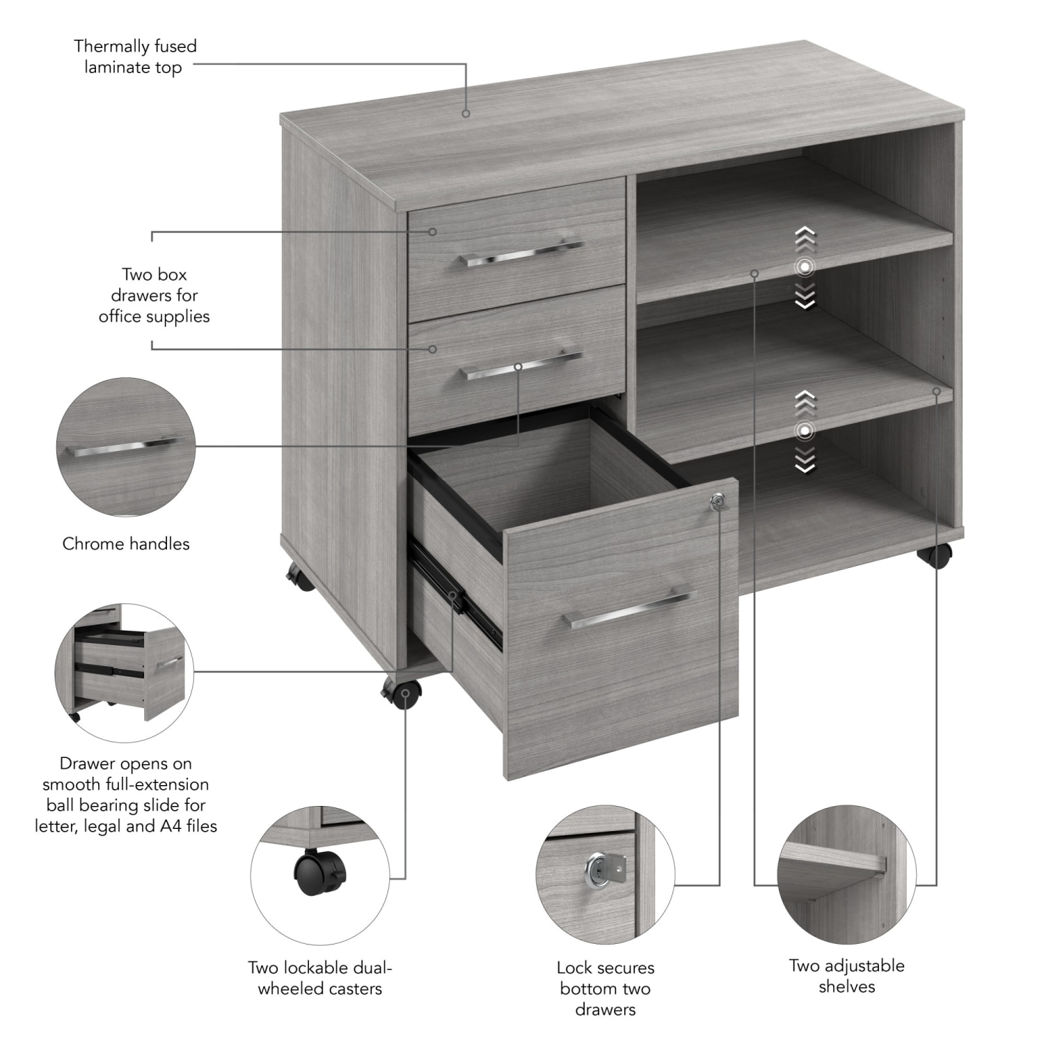 Bush Business Furniture Hustle Office Storage Cabinet With Wheels, Platinum Gray, Standard Delivery - Image 5