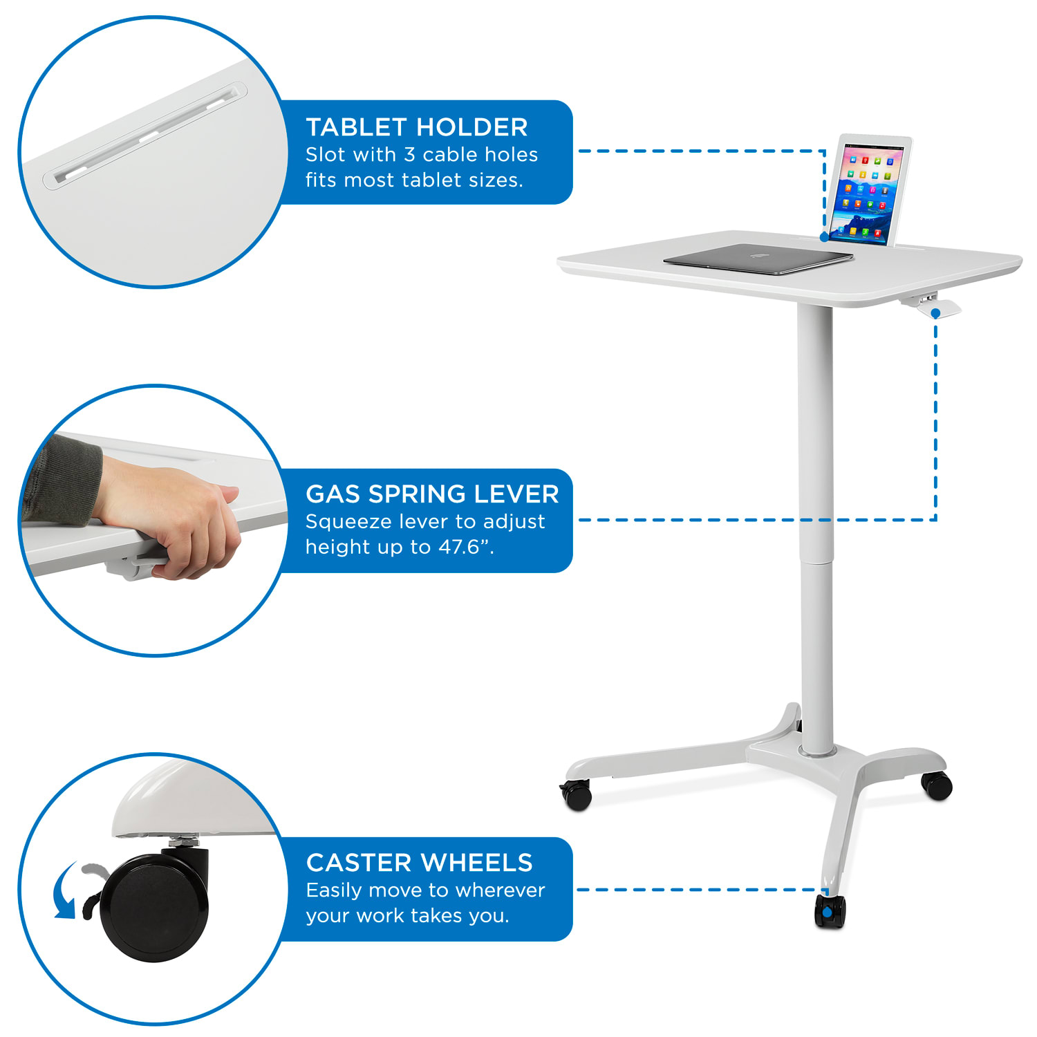 Mount-It! MI-7975 Standing Mobile Laptop Cart Workstation, 29-15/16inH x 28inW x 21-1/8inD, White - Image 5