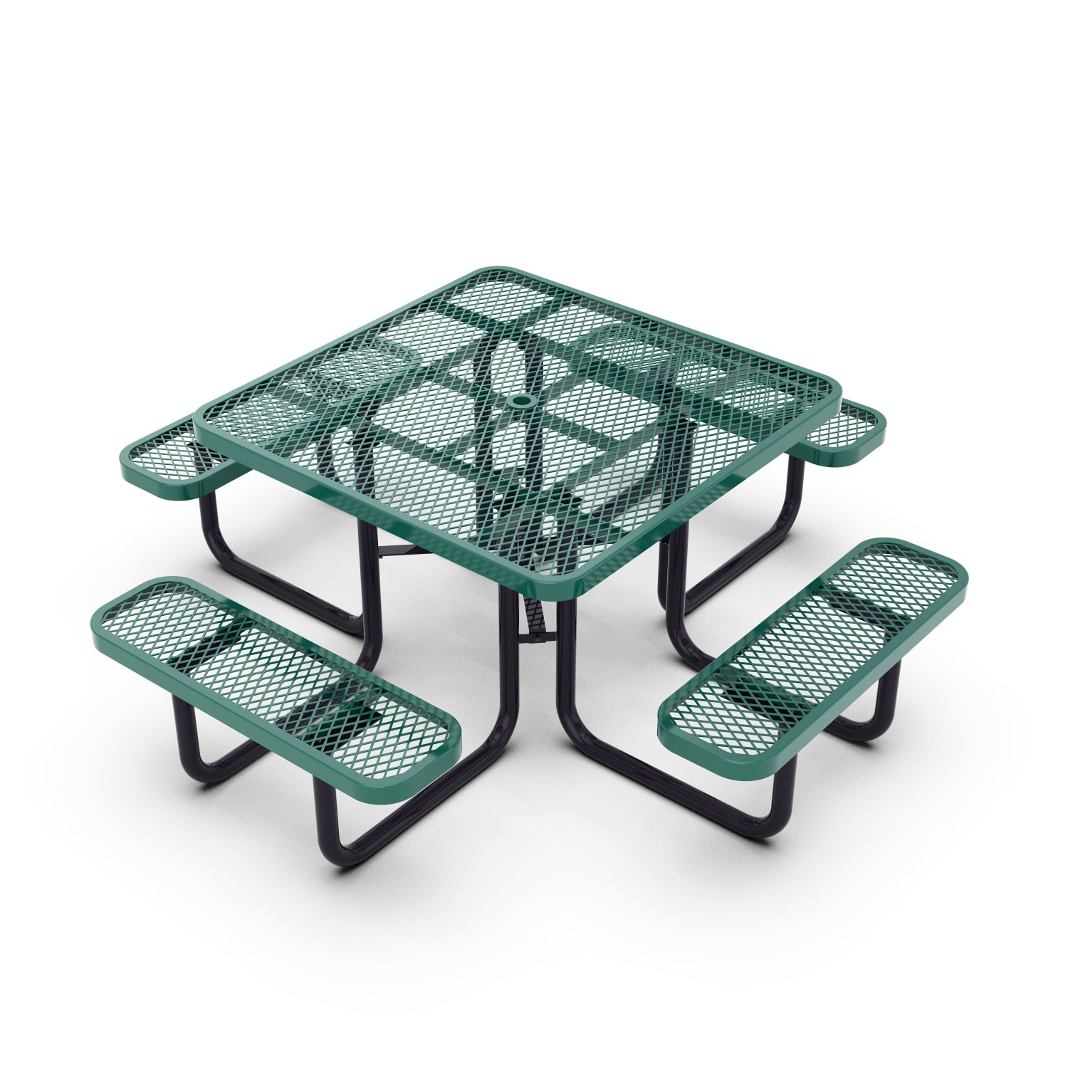 Flash Furniture Creekside Outdoor Square Picnic Table with Commercial Heavy Gauge Expanded Metal Mesh Seats and Top with Umbrella Hole, Steel Frame, Ground Anchors, Green - Image 3