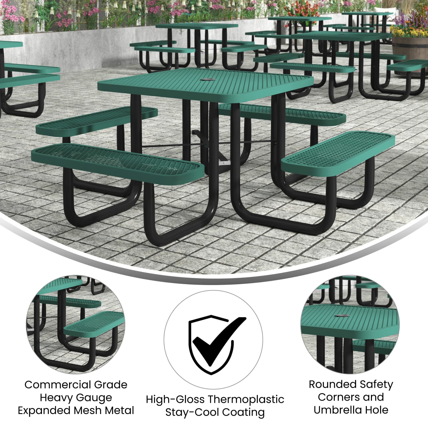 Flash Furniture Creekside Outdoor Square Picnic Table with Commercial Heavy Gauge Expanded Metal Mesh Seats and Top with Umbrella Hole, Steel Frame, Ground Anchors, Green - Image 4