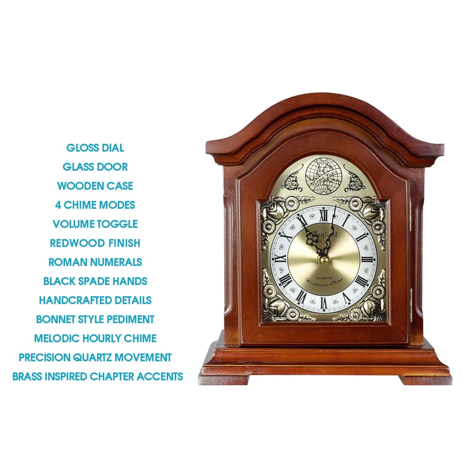 Bedford Clocks Mantel Clock, 9-1/2inH x 11-3/16inW x 4-1/4inD, Redwood - Image 4