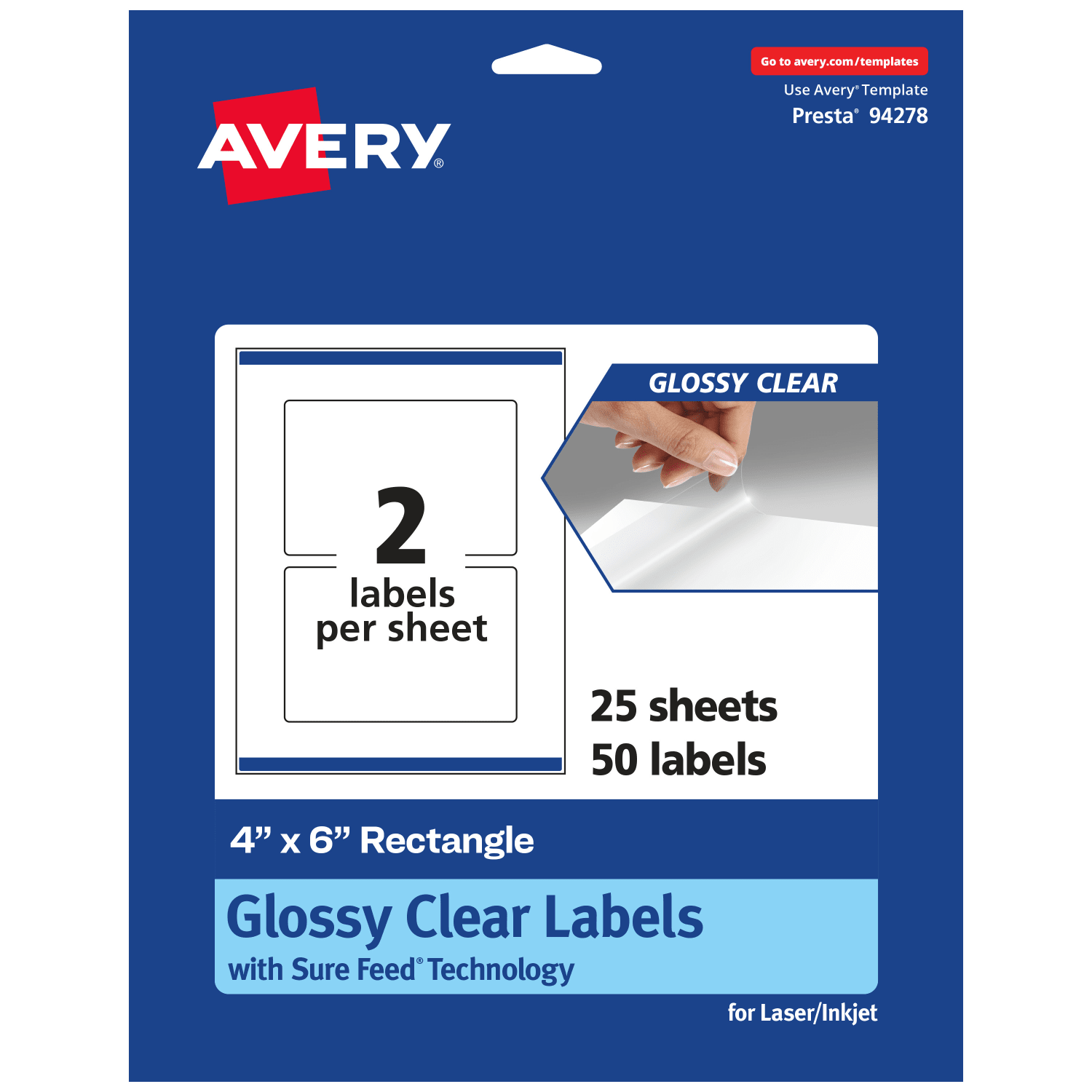 Avery Glossy Permanent Labels With Sure Feed, 94278-CGF25, Rectangle, 4in x 6in, Clear, Pack Of 50