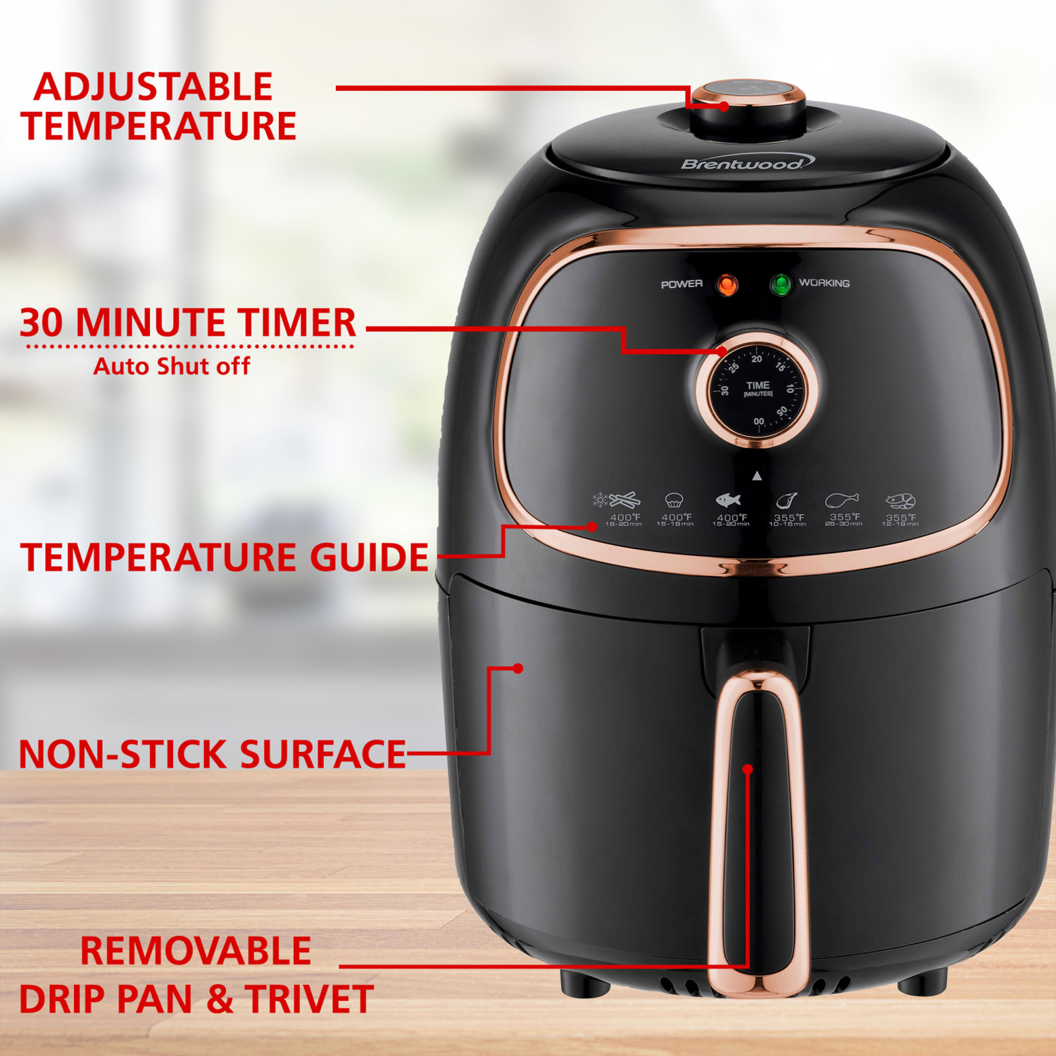 Brentwood 2-Quart Electric Air Fryer, Black/Copper - Image 3