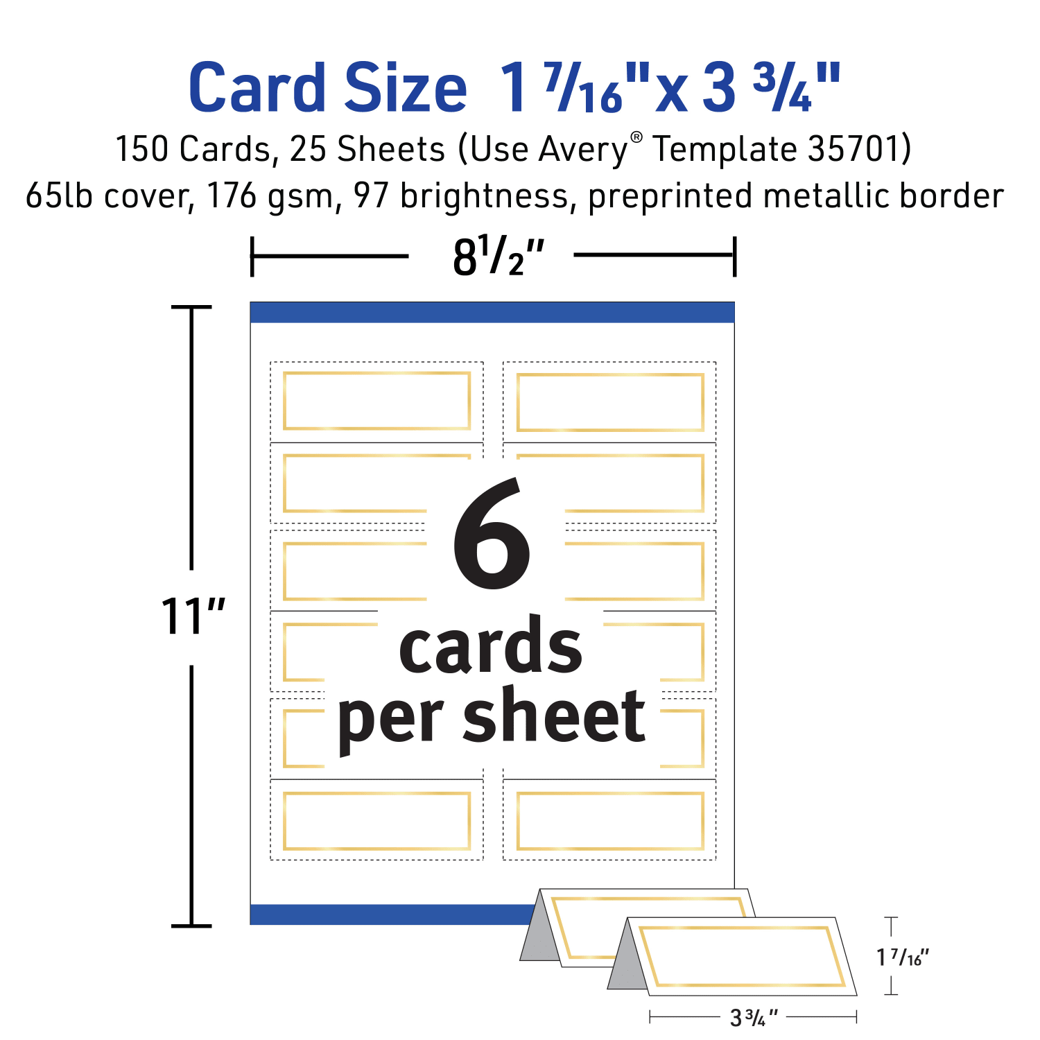 Avery Printable Place Cards With Sure Feed Technology, 1-7/16in x 3-3/4in, White With Gold Border, 150 Blank Place Cards - Image 6
