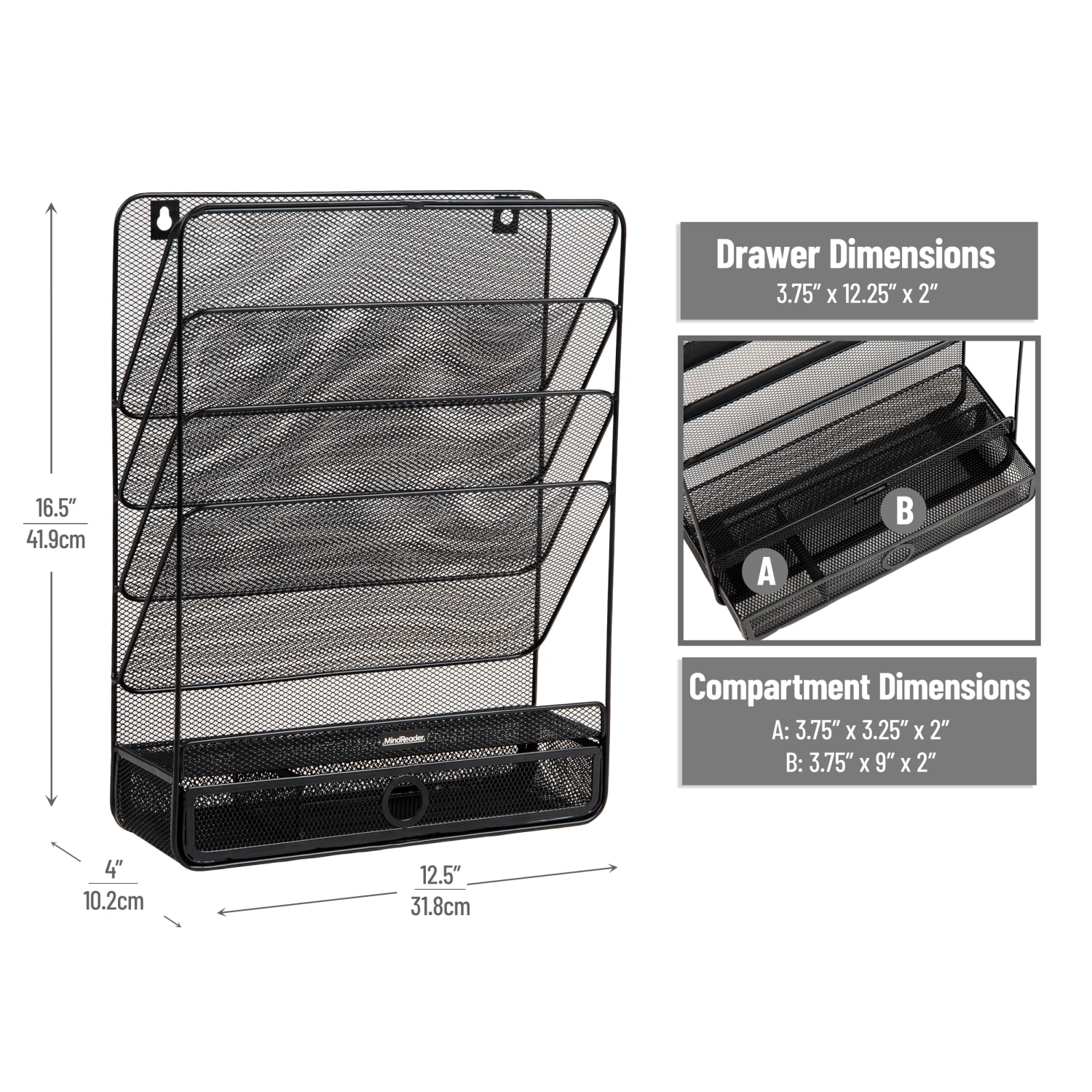 Mind Reader 4-Tier Wall Mount Vertical File Storage with Drawer, 16-1/2inH x 4inW x 12-1/2inL, Black - Image 4