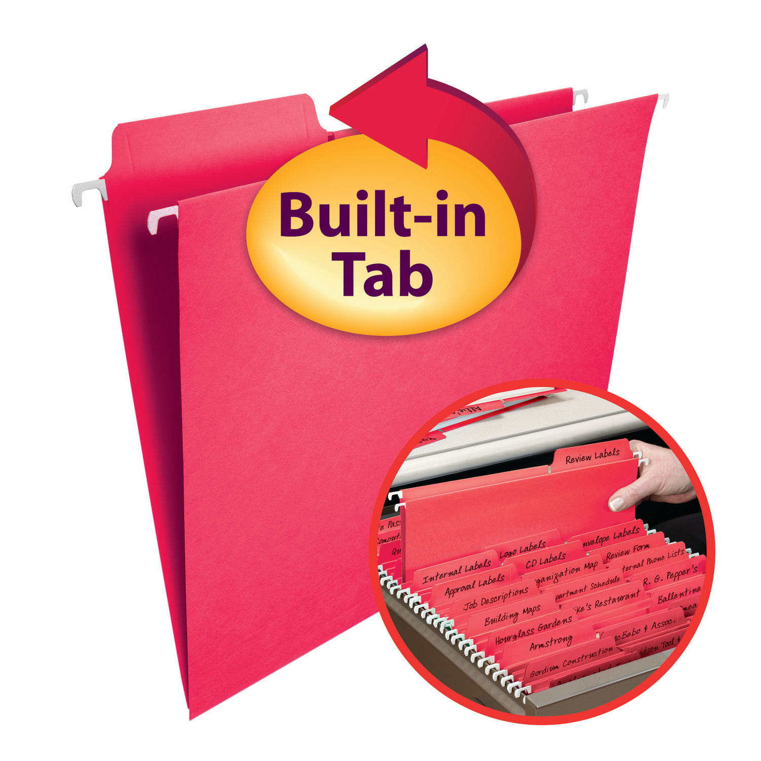 Smead FasTab Hanging File Folders, Letter Size, Red, Box Of 20 - Image 3