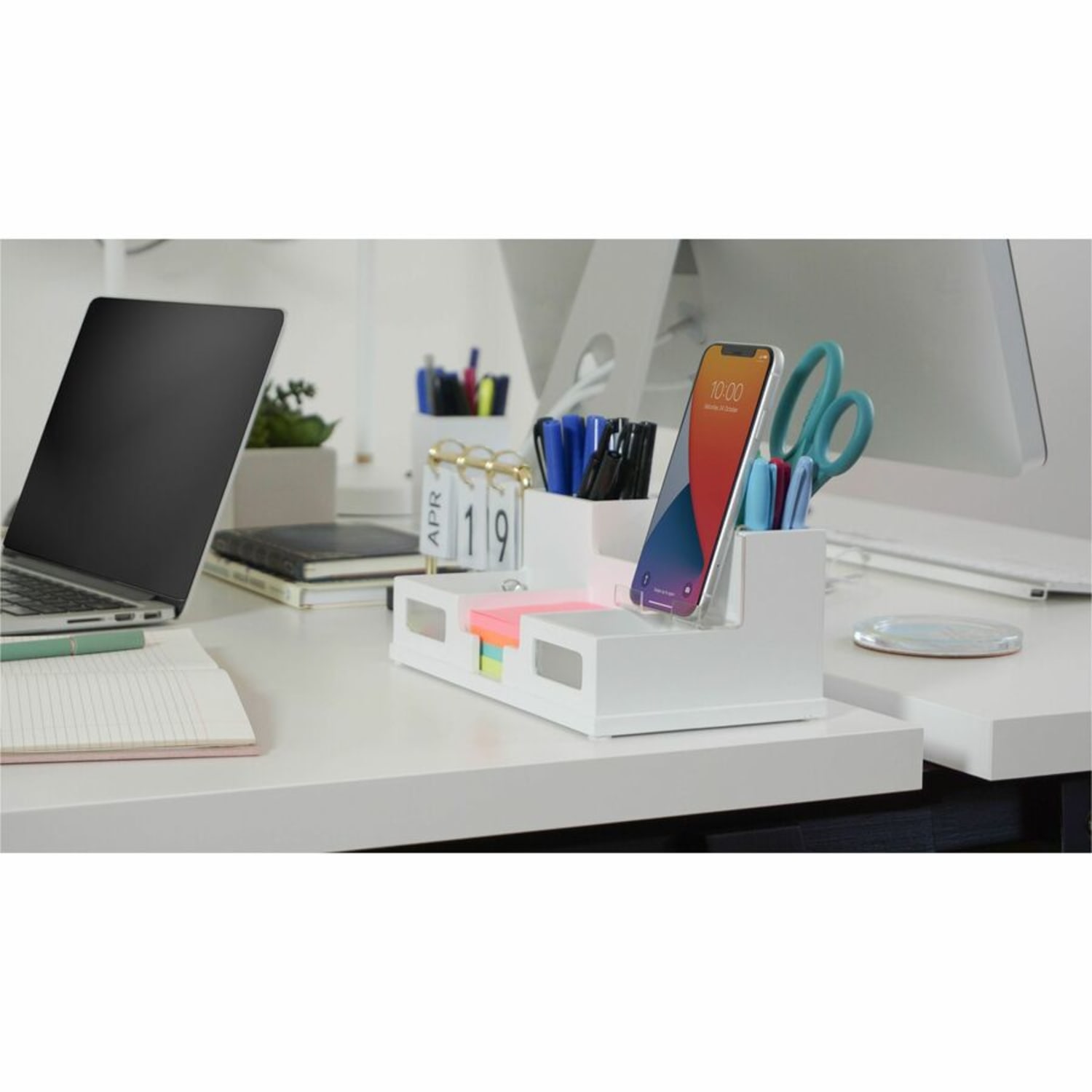 Victor W9525 Pure White Desk Organizer with Smart Phone Holder- 6 Compartment(s) - 3.5in Height x 5.5in Width x 10.4in Depth - White - Wood, Frosted Glass, Rubber - 1 Each - Image 5