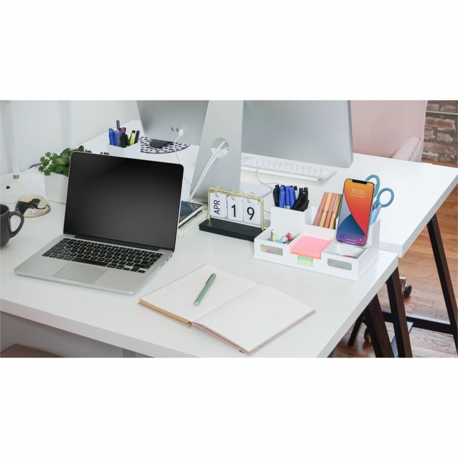 Victor W9525 Pure White Desk Organizer with Smart Phone Holder- 6 Compartment(s) - 3.5in Height x 5.5in Width x 10.4in Depth - White - Wood, Frosted Glass, Rubber - 1 Each - Image 6