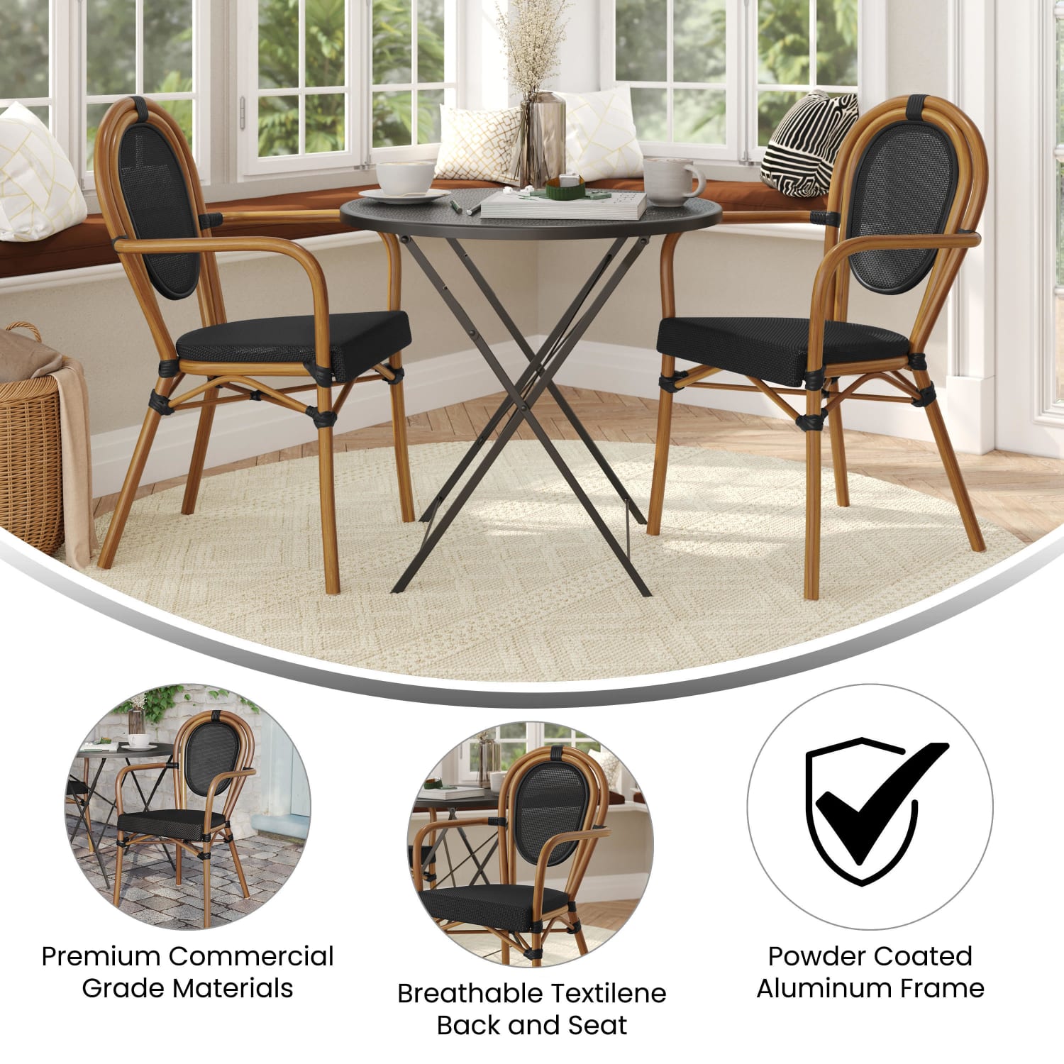 Flash Furniture 2 Pack Marseille Indoor/Outdoor Commercial Thonet Bistro Stacking Chair with Arms, Textilene and Bamboo Print Aluminum Frame, Black/Natural Frame - Image 5