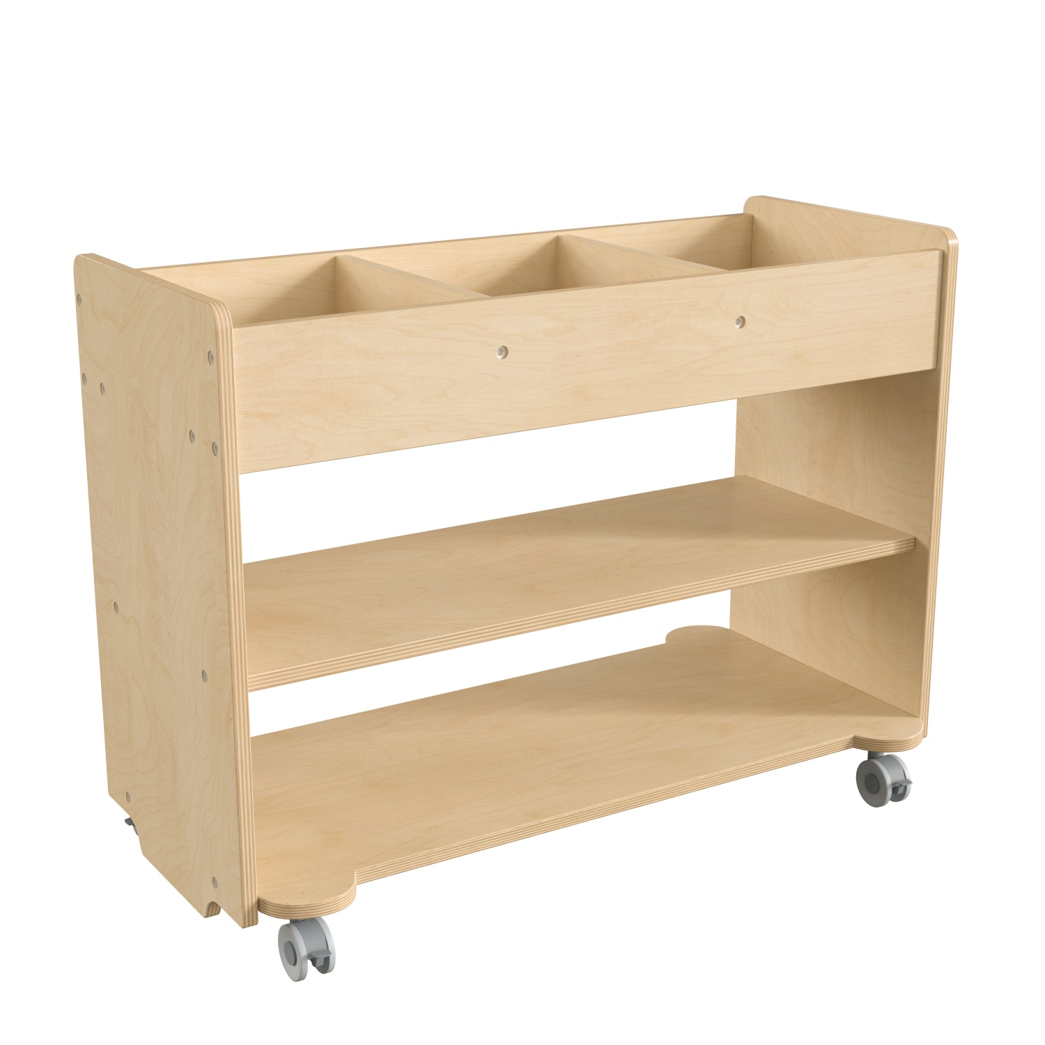 Flash Furniture Bright Beginnings Commercial Wood Mobile Storage Cart with 3 Top Storage Cubbies, 2 Lower Shelves And Locking Caster Wheels, 24-1/2inH x 31inW x 16inD, Beech - Image 3