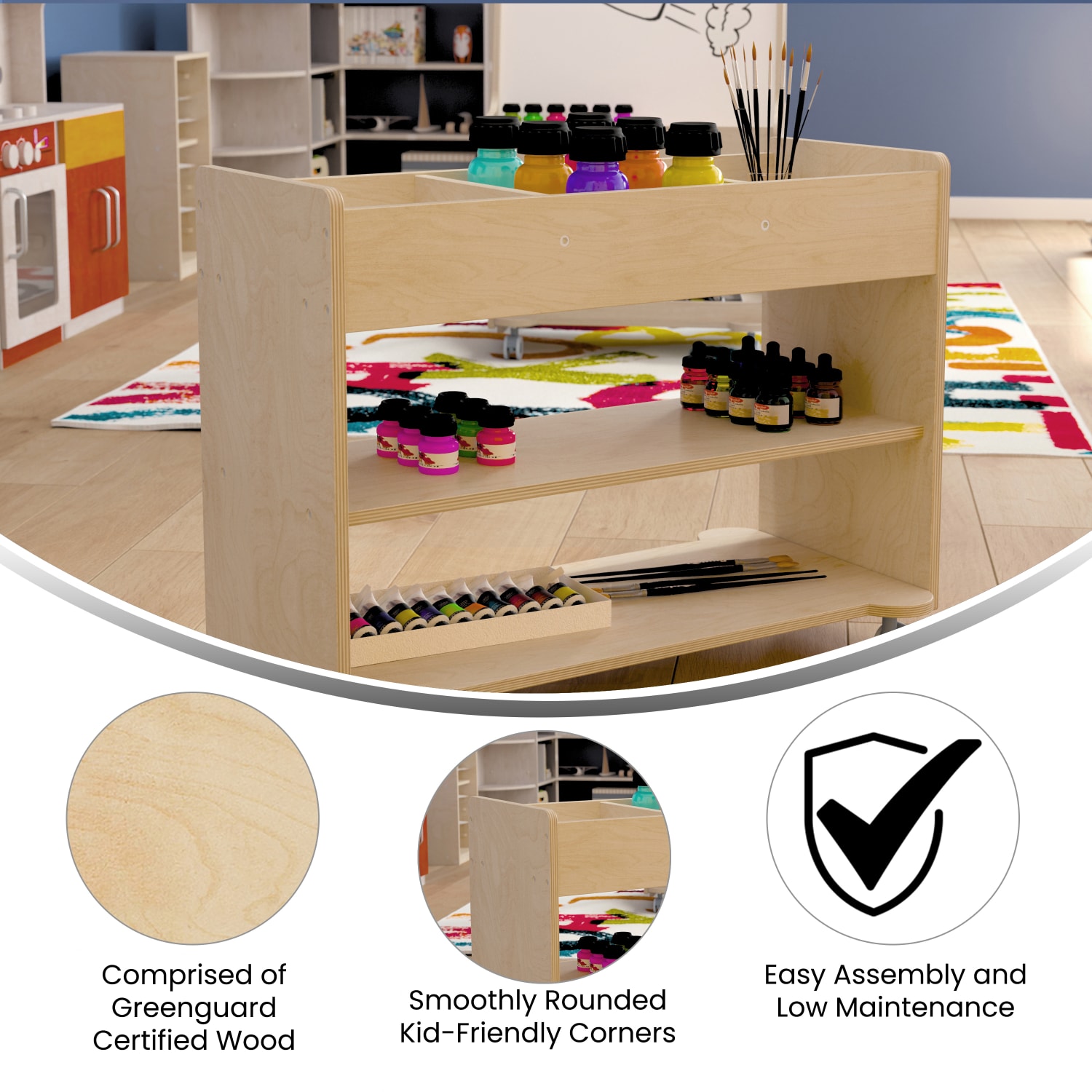 Flash Furniture Bright Beginnings Commercial Wood Mobile Storage Cart with 3 Top Storage Cubbies, 2 Lower Shelves And Locking Caster Wheels, 24-1/2inH x 31inW x 16inD, Beech - Image 5