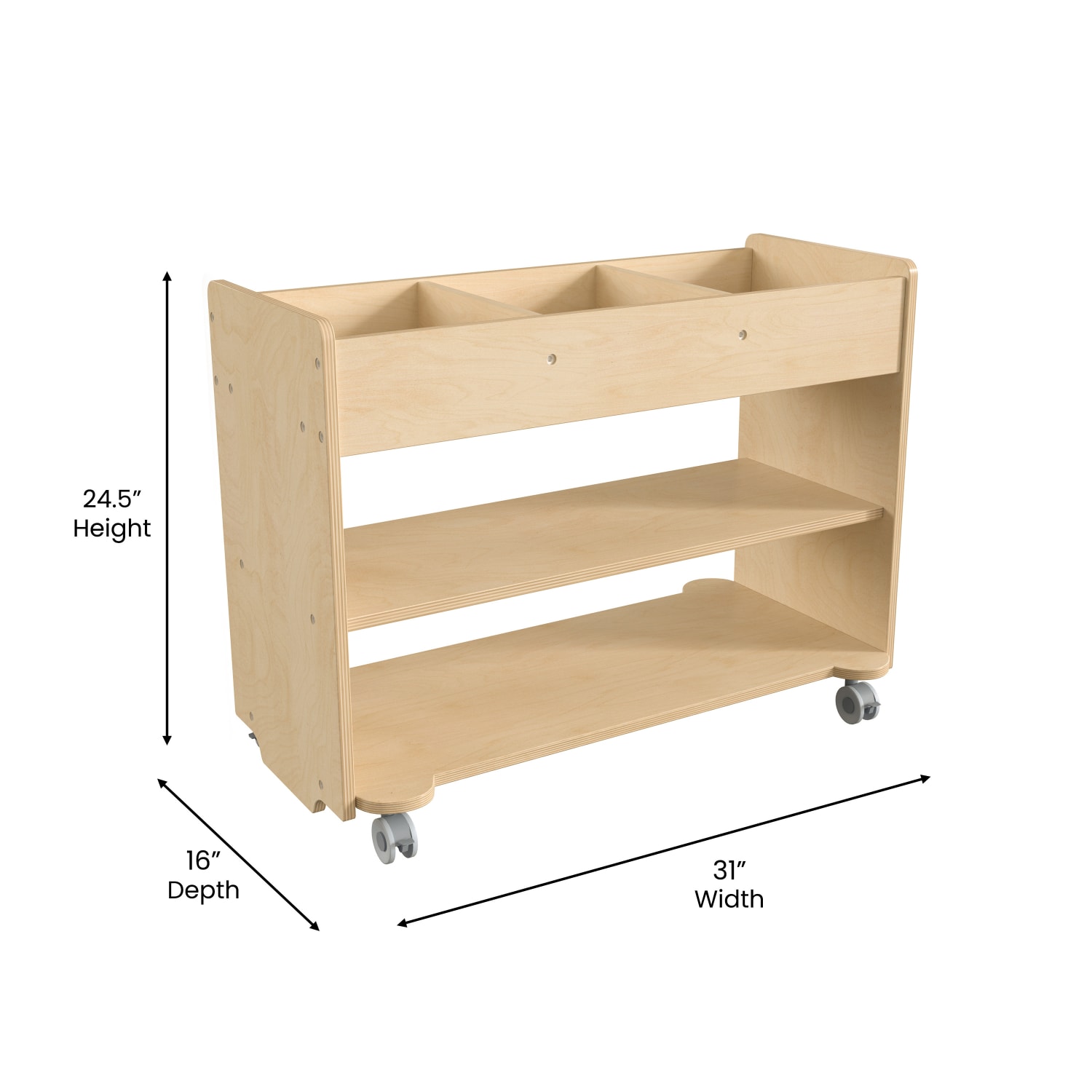 Flash Furniture Bright Beginnings Commercial Wood Mobile Storage Cart with 3 Top Storage Cubbies, 2 Lower Shelves And Locking Caster Wheels, 24-1/2inH x 31inW x 16inD, Beech - Image 6