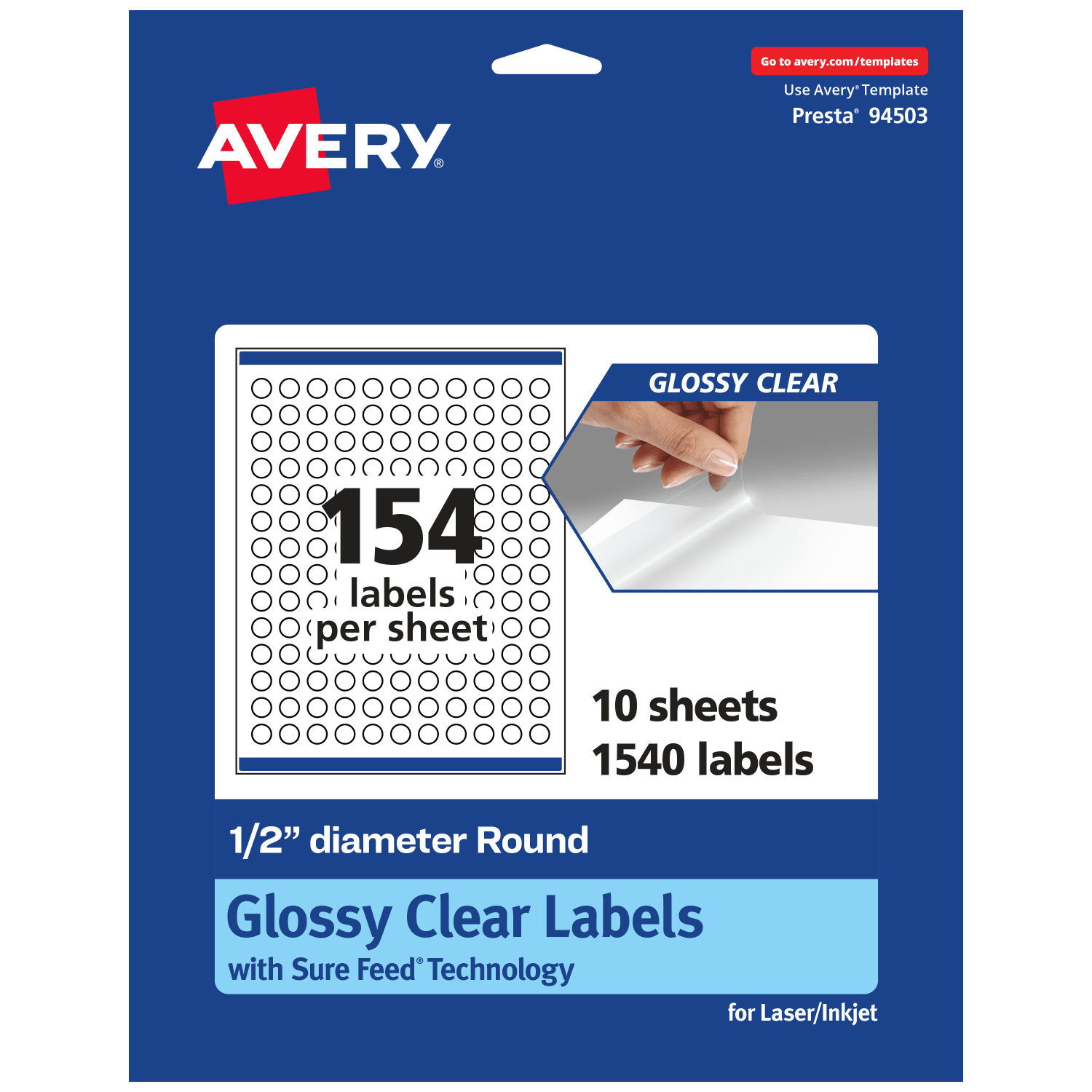 Avery Glossy Permanent Labels With Sure Feed, 94503-CGF10, Round, 1/2in Diameter, Clear, Pack Of 1,540