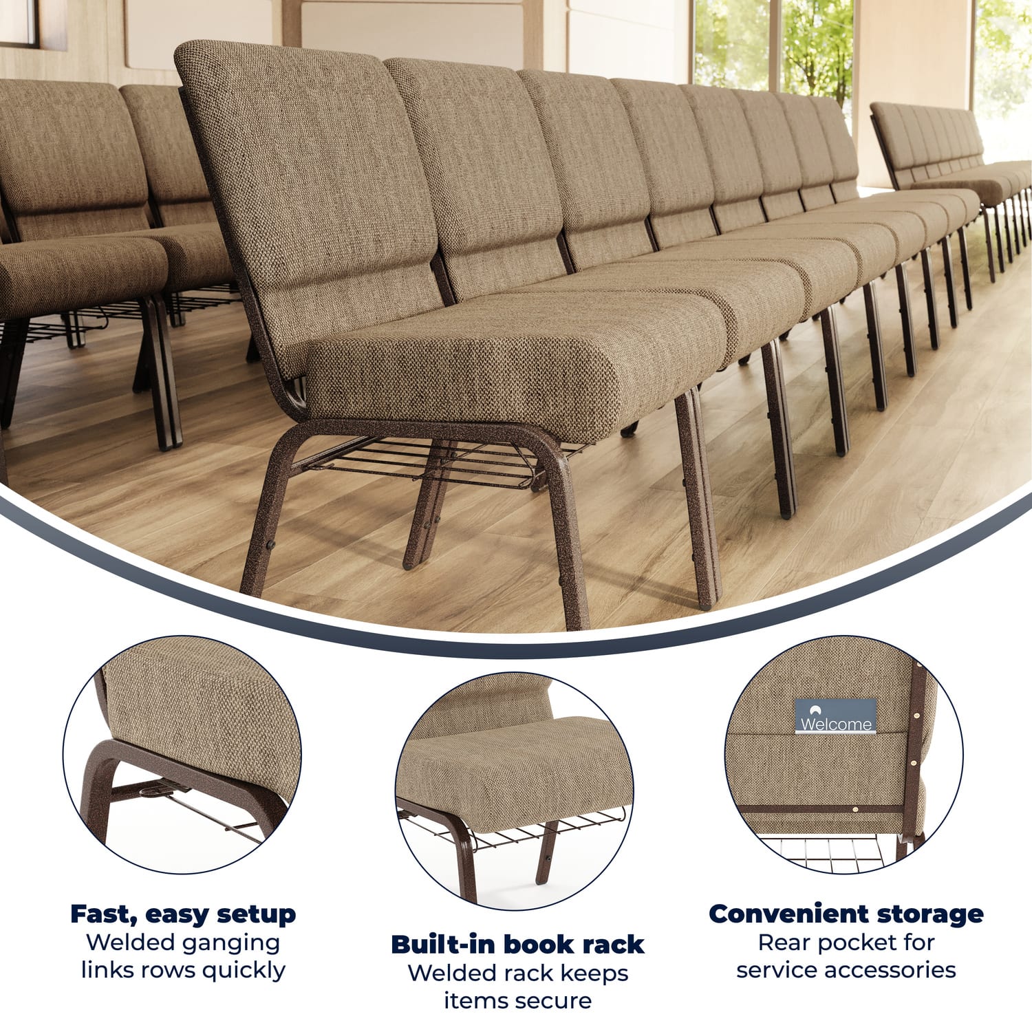 Flash Furniture HERCULES Series Church Chair With Book Rack BeigeCopper Vein PopularChairscom