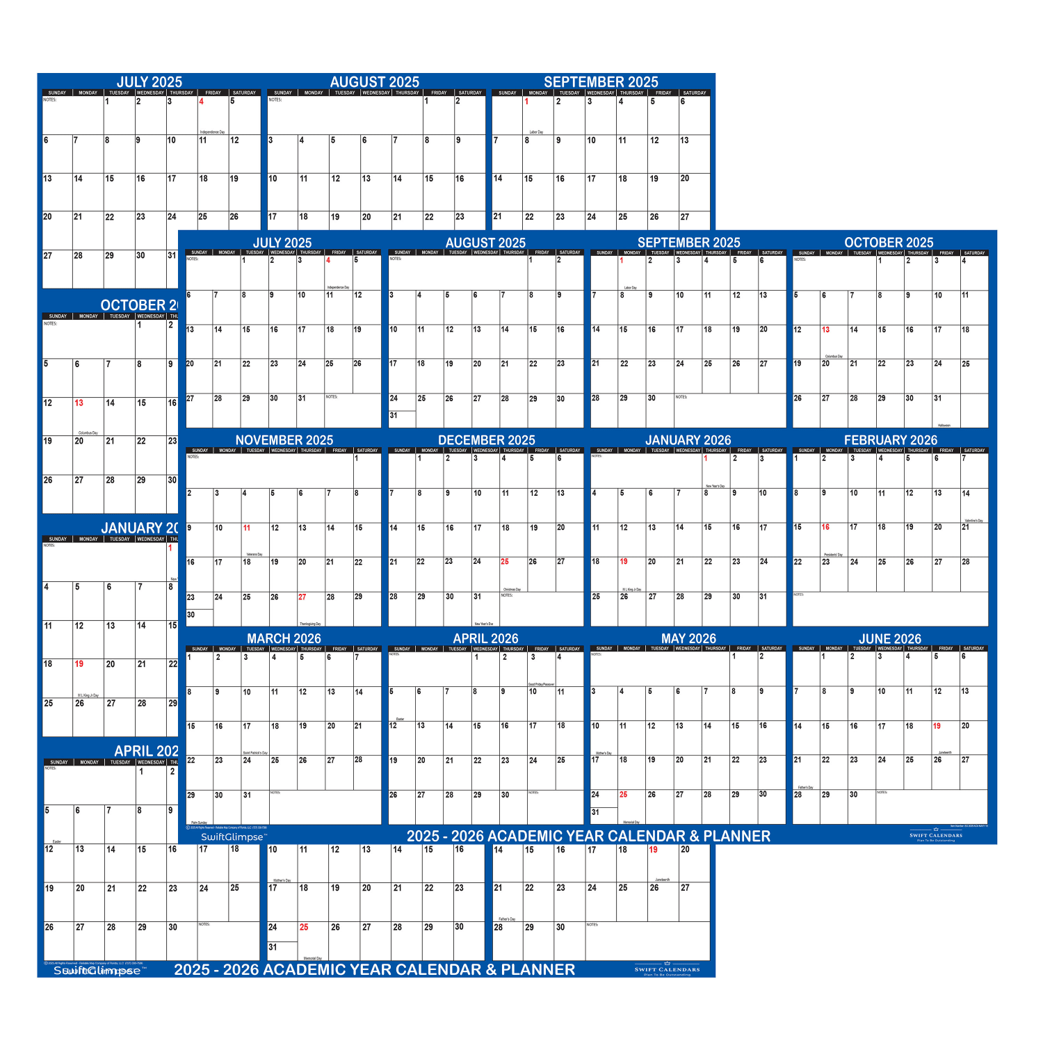 2025-2026 SwiftGlimpse Academic Erasable Monthly Wall Calendar, 18in x 24in, White/Navy, July 2025 To June 2026