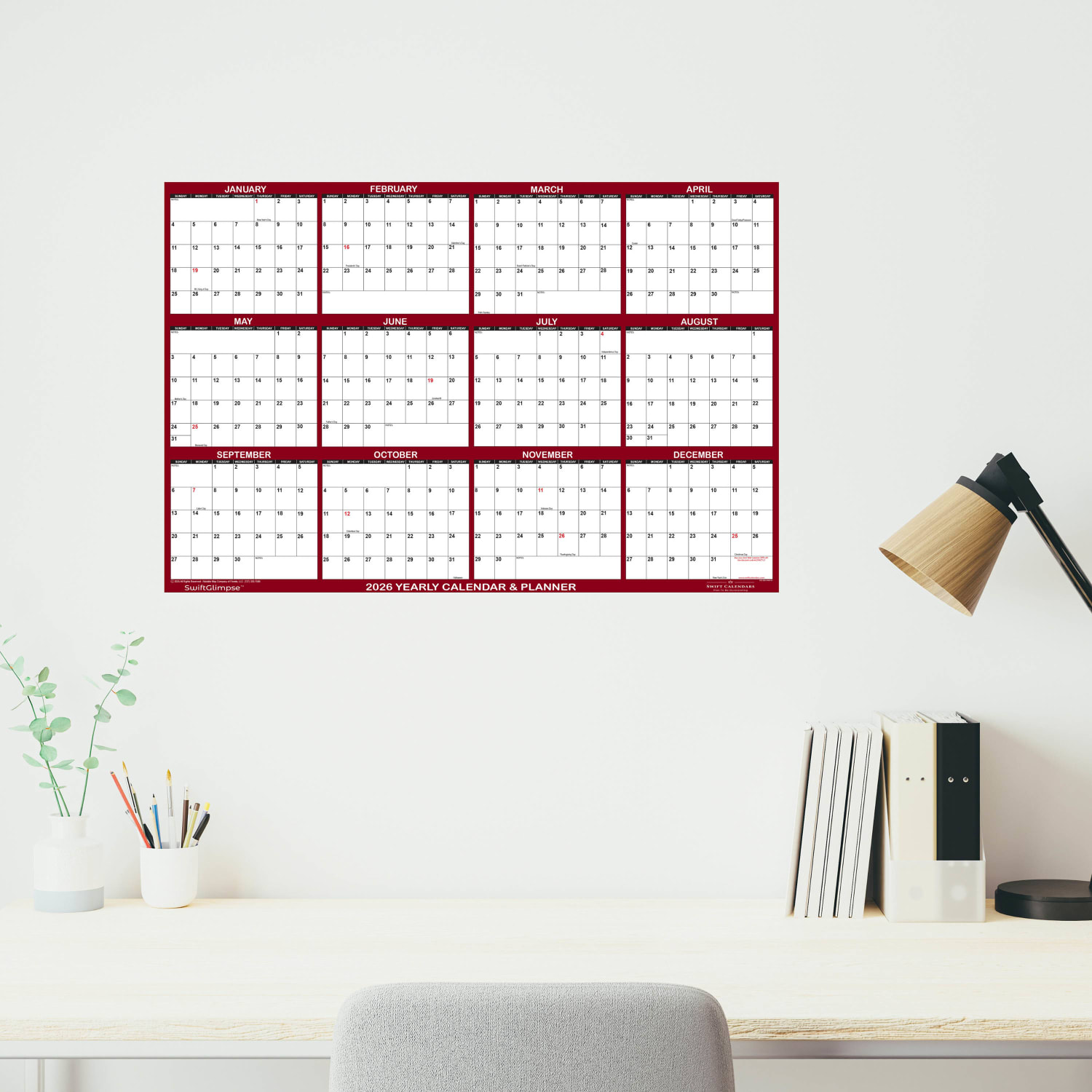 2026 SwiftGlimpse Yearly Erasable Wall Calendar, 48in x 72in, White/Maroon, January To December - Image 5