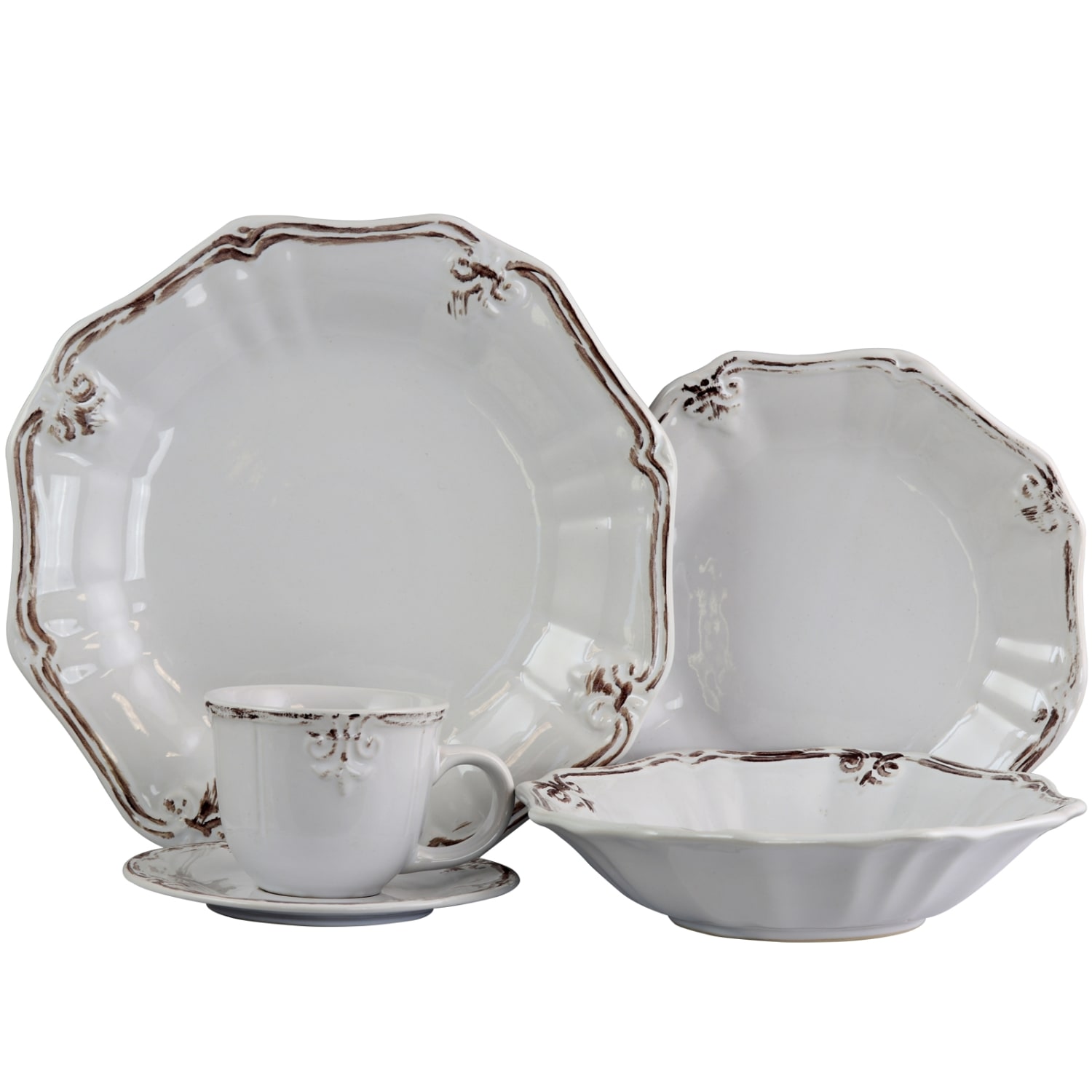 Elama Fleur De Lys 20-Piece Dinnerware Set, White - Image 3