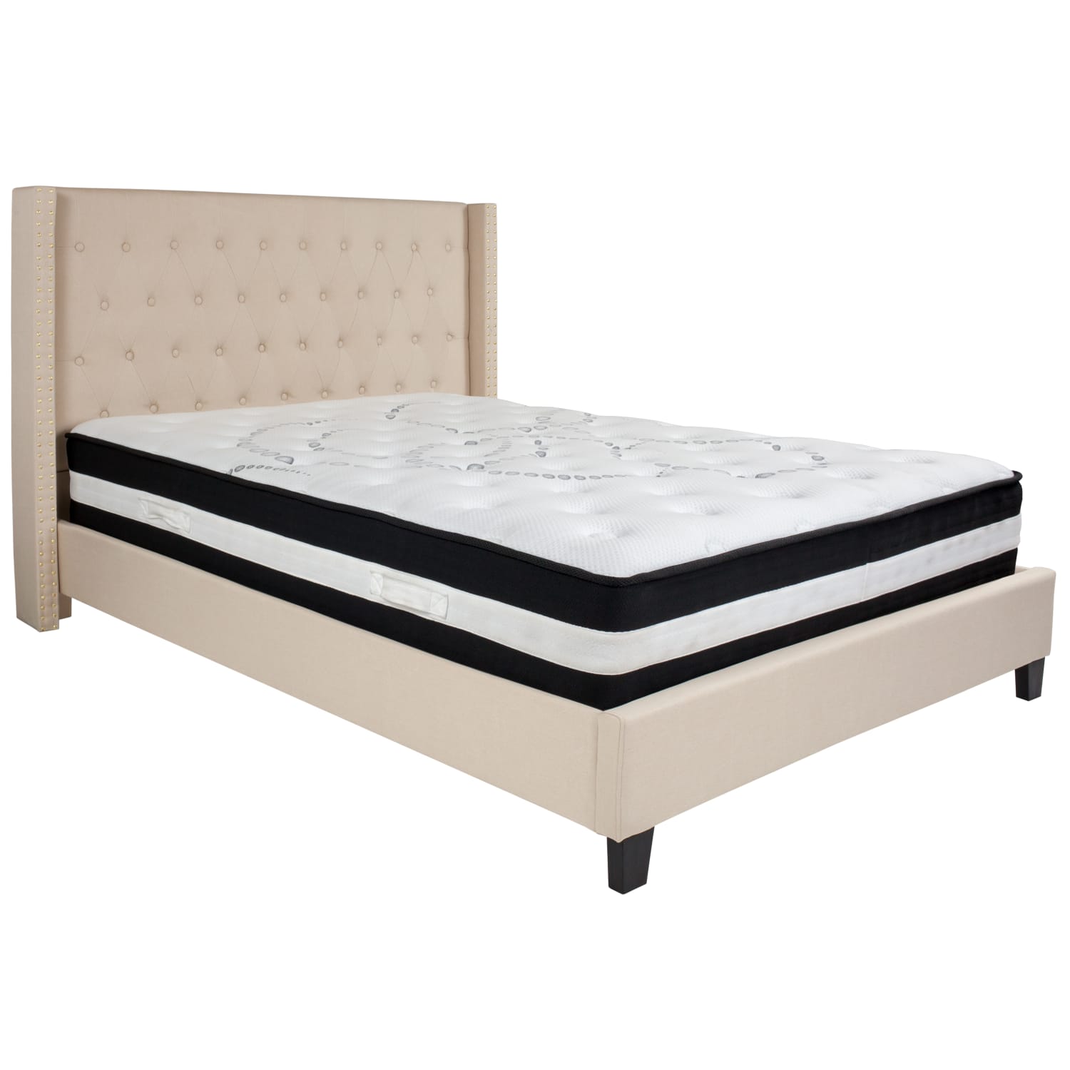 Flash Furniture Riverdale Tufted Upholstered Platform Bed With Accent Nail Trimmed Extended Sides And Pocket Spring Mattress, Queen, Beige - Image 3