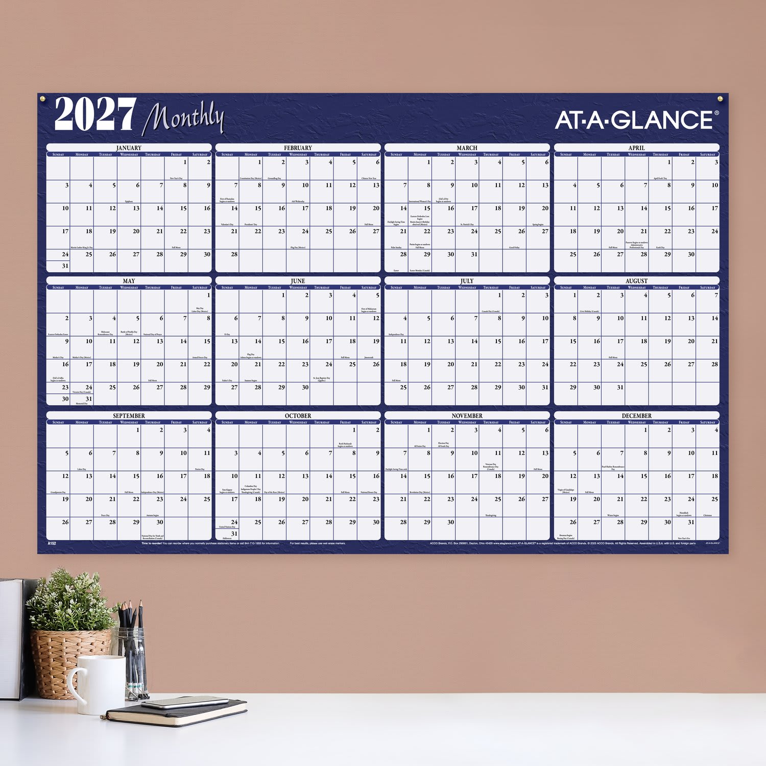AT-A-GLANCE 2027 Horizontal Reversible Erasable Yearly Wall Calendar, Red and Blue, Extra Large, 48in x 32in - Image 3