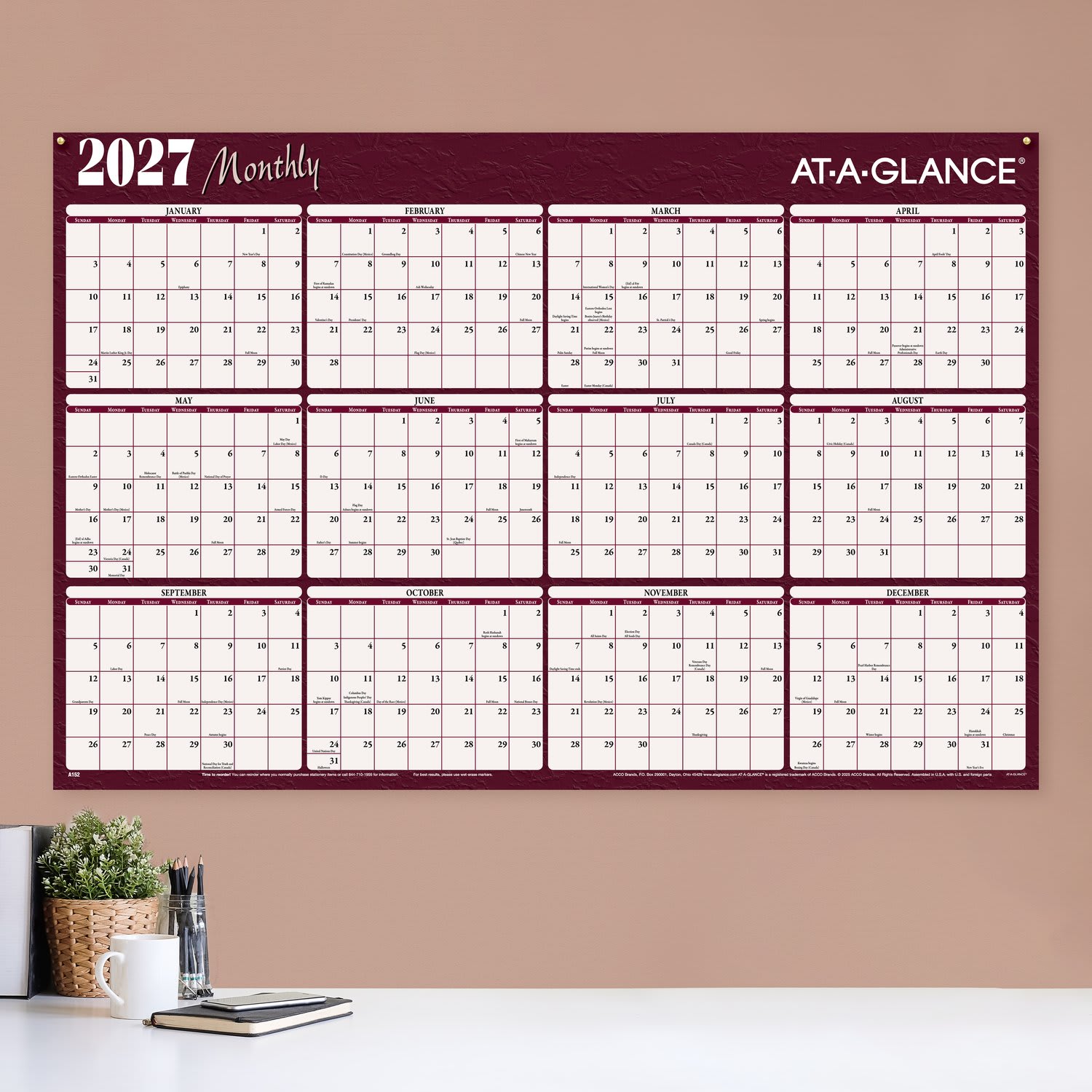 AT-A-GLANCE 2027 Horizontal Reversible Erasable Yearly Wall Calendar, Red and Blue, Extra Large, 48in x 32in - Image 4