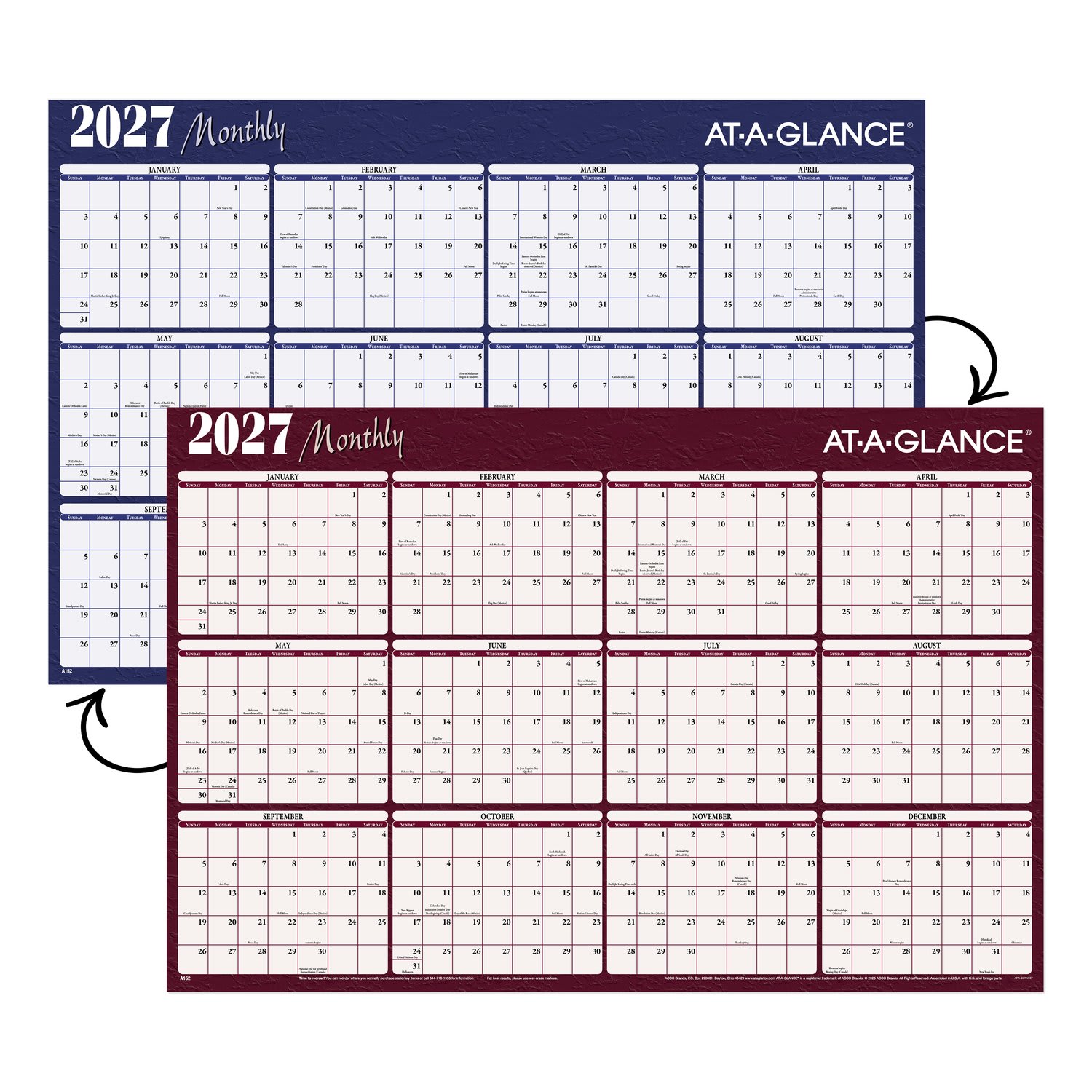 AT-A-GLANCE 2027 Horizontal Reversible Erasable Yearly Wall Calendar, Red and Blue, Extra Large, 48in x 32in - Image 5